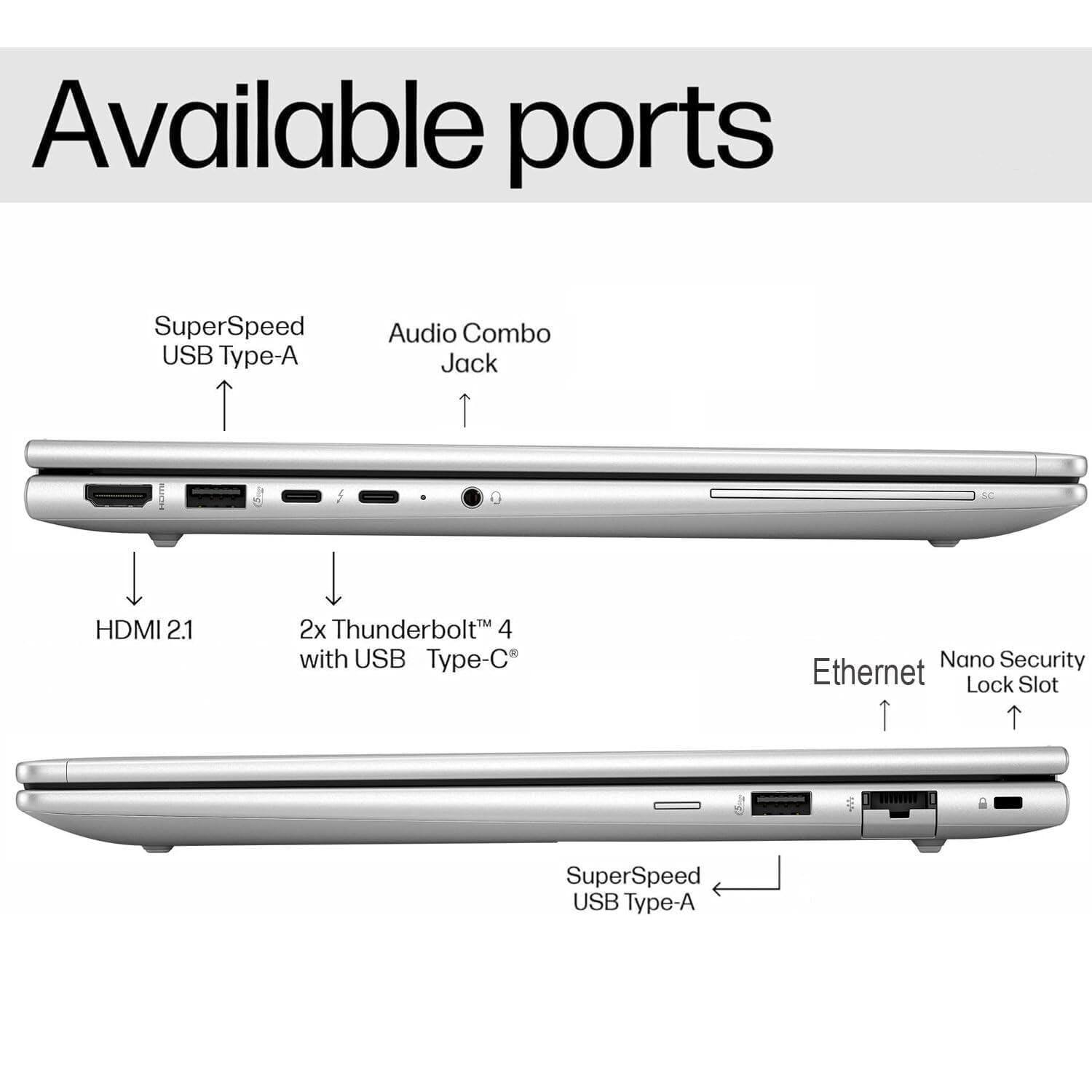 Available ports

- SuperSpeed USB Type-A
- Audio Combo Jack
- HDMI 2.1
- 2x Thunderbolt™ 4 with USB Type-C®
- Ethernet
- Nano Security Lock Slot
- SuperSpeed USB Type-A