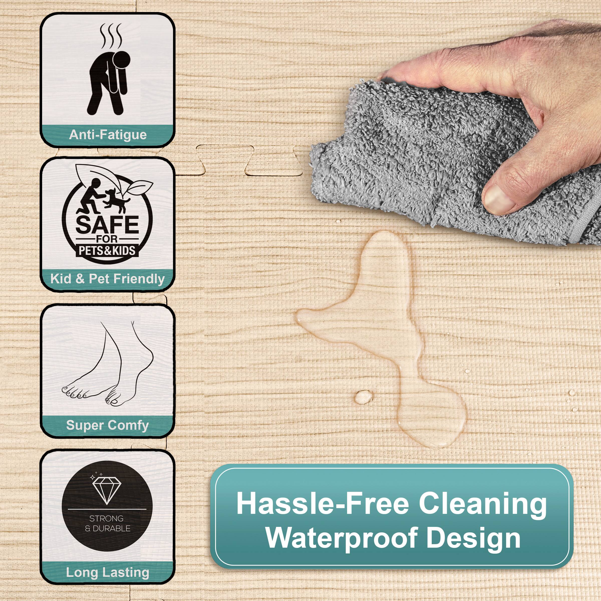 - Anti-Fatigue
- SAFE FOR PETS & KIDS
- Kid & Pet Friendly
- Super Comfy
- STRONG & DURABLE
- Long Lasting
- Hassle-Free Cleaning
- Waterproof Design