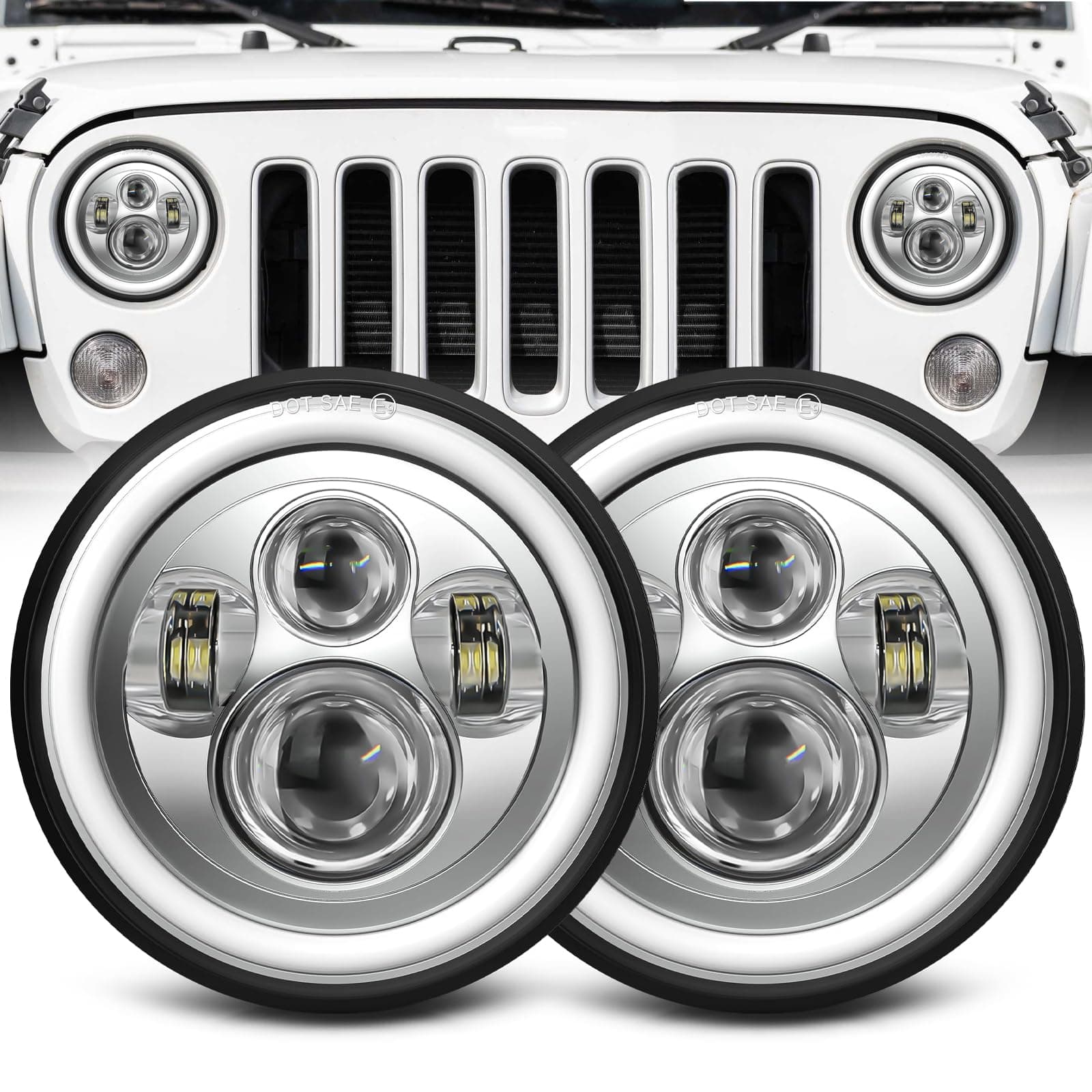 METALTON - inch led headlight round projector halo dot approved beam drl turn signal compatible chevy miata - Chrome