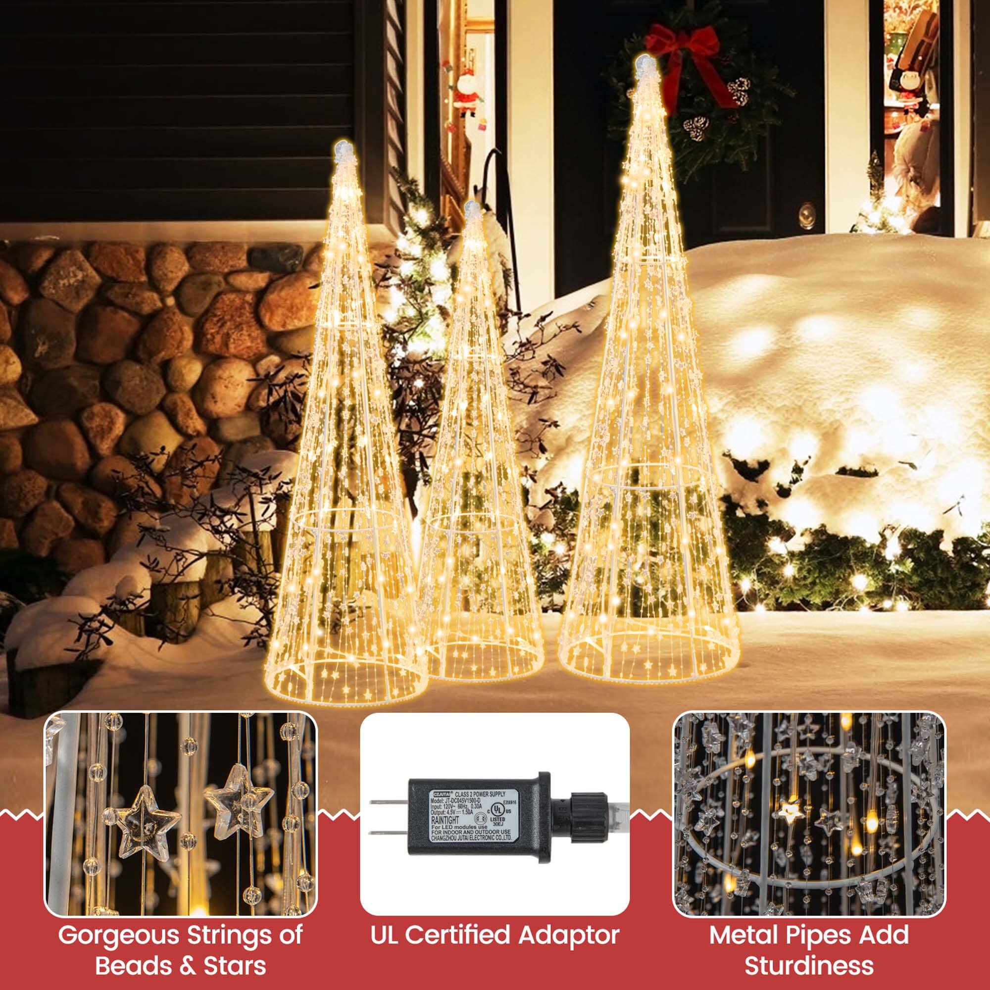 The image features a beautifully decorated Christmas tree with a string of lights. The tree is adorned with a variety of ornaments, including a string of beads and stars. The lights are powered by a UL certified adaptor, ensuring safety and reliability. Additionally, the tree is decorated with metal pipes that add sturdiness and stability to the tree. The overall scene is festive and inviting, showcasing the joy of the holiday season.