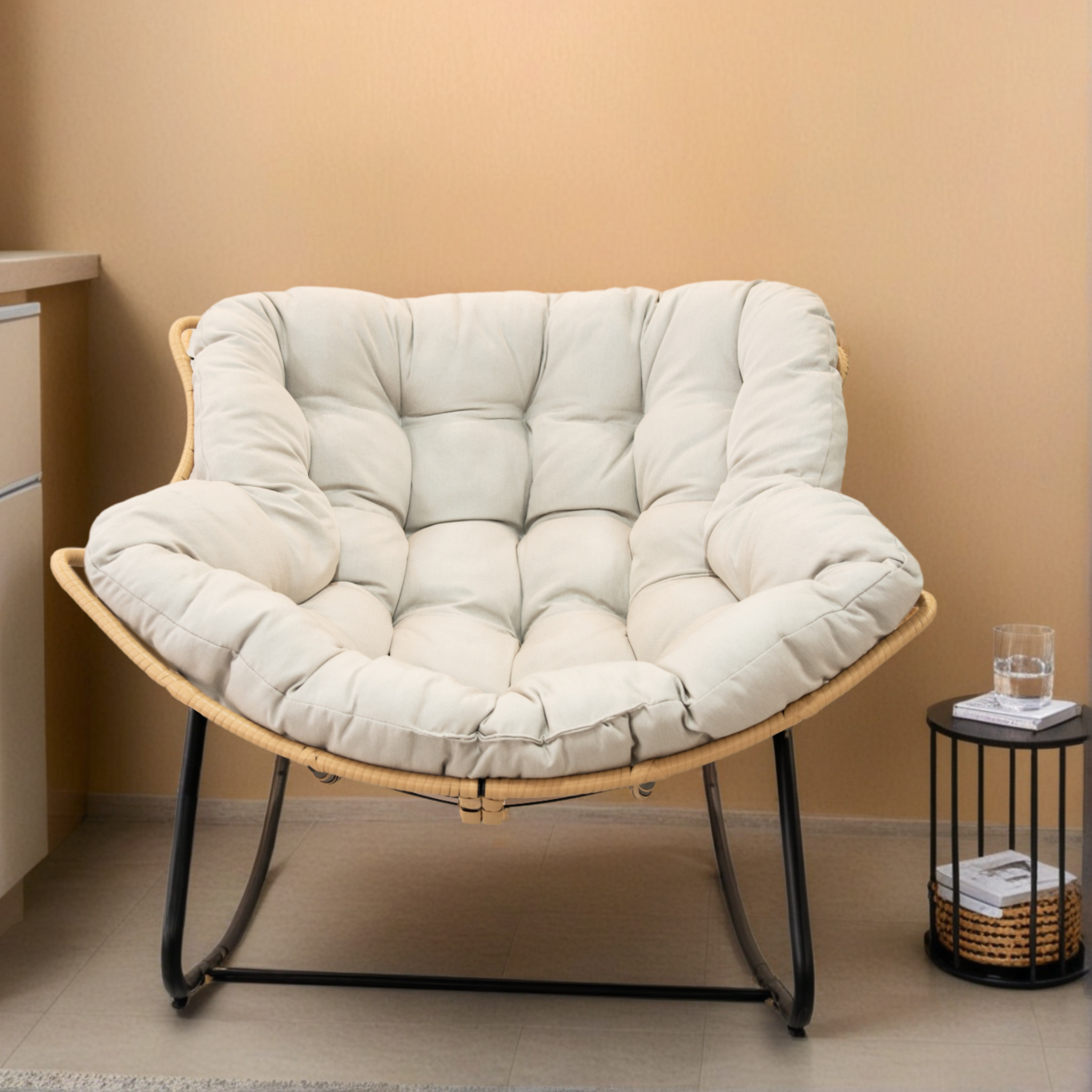 Tiramisubest - Larger Outdoor Rocking Chair,Patio Egg Rocking Chair,Rattan Wicker Lounge Chair for Indoor and Outdoor Spaces-Beige - Beige+Black