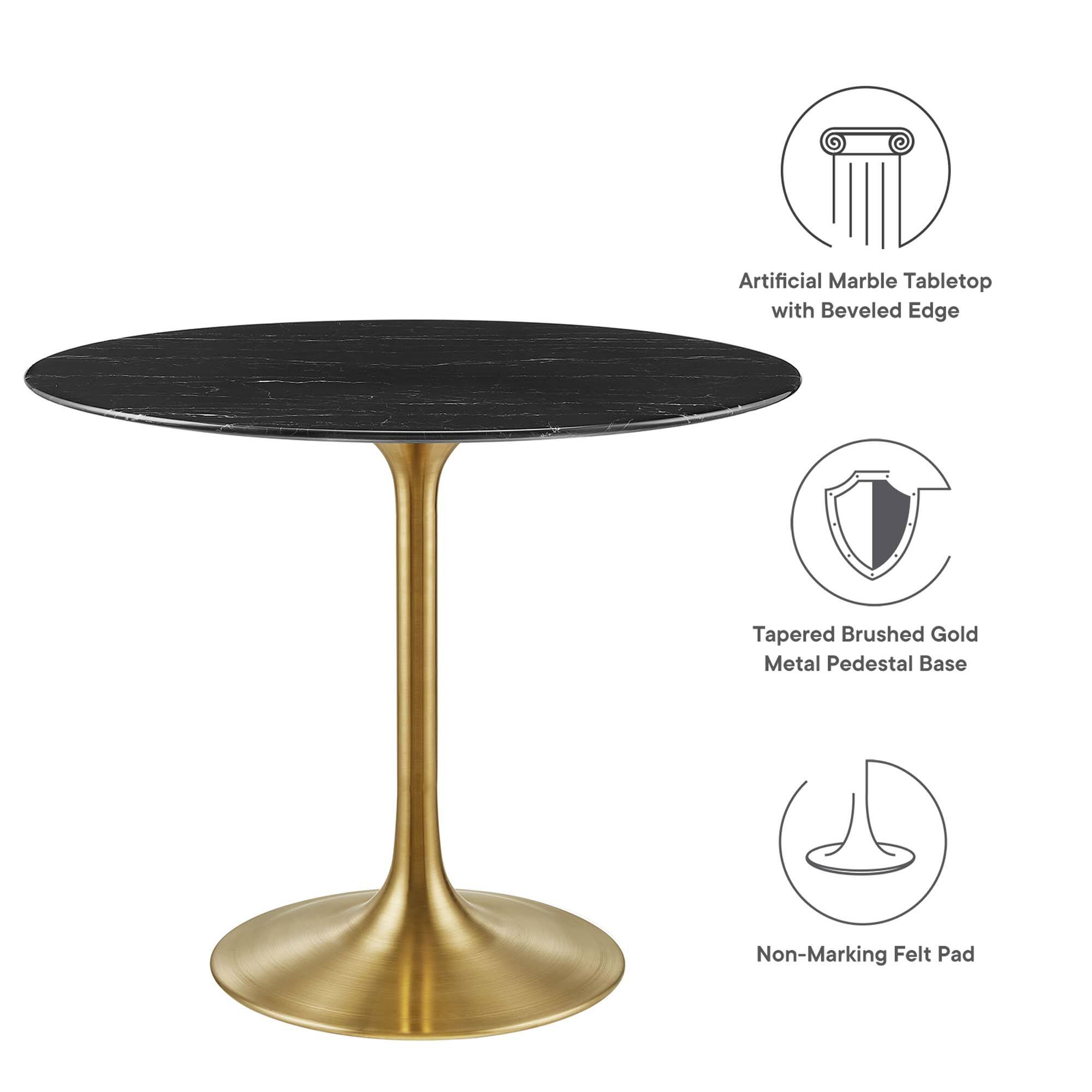Artificial Marble Tabletop with Beveled Edge  
Tapered Brushed Gold Metal Pedestal Base  
Non-Marking Felt Pad