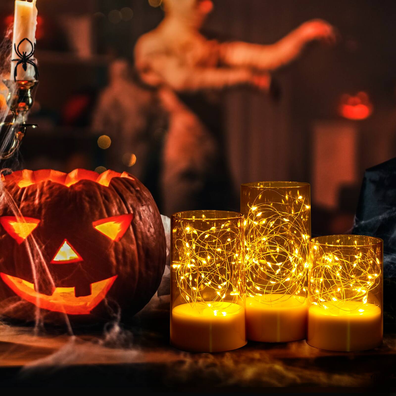 Alt View 4. IMAGE - 3 PCS Acrylic Shell Pillar LED Flameless Candles with 13-Key Remote Timer, Gold - Gold.