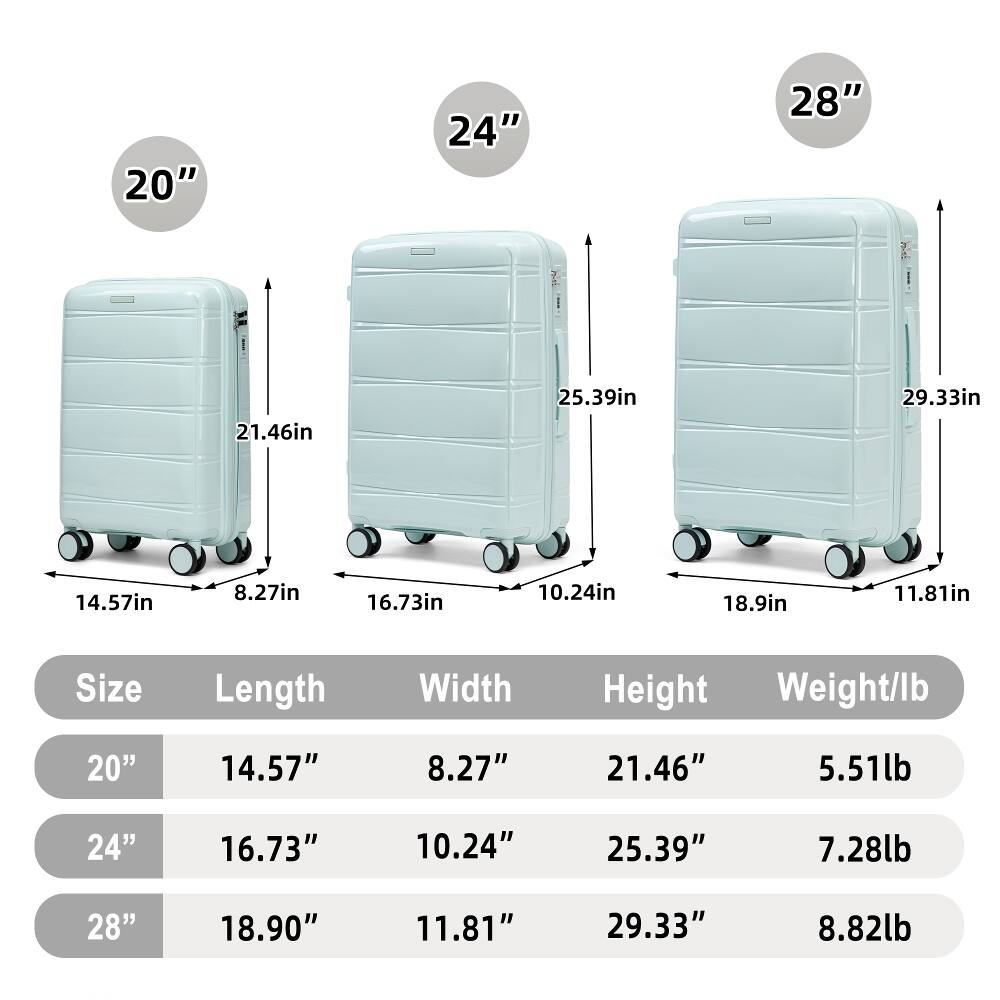20"
24"
28"
21.46in
25.39in
29.33in
14.57in
8.27in
16.73in
10.24in
18.9in
11.81in
Size
Length
Width
Height
Weight/lb
20"
14.57"
8.27"
21.46"
5.51lb
24"
16.73"
10.24"
25.39"
7.28lb
28"
18.90"
11.81"
29.33"
8.82lb