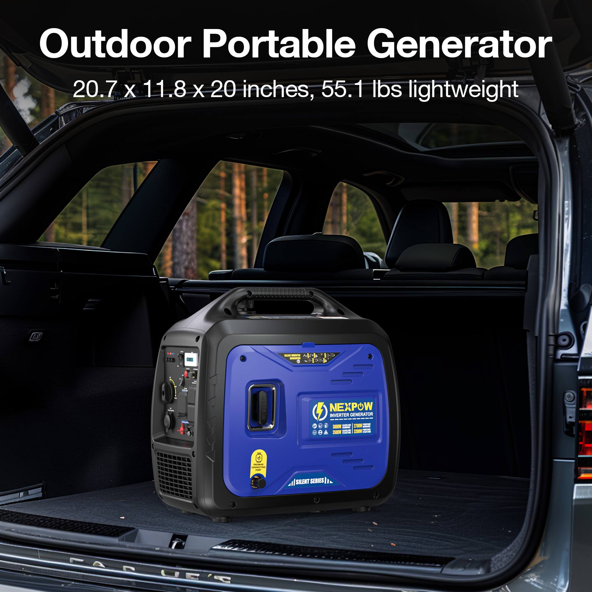 Outdoor Portable Generator  
20.7 x 11.8 x 20 inches, 55.1 lbs lightweight  
NEXPOW INVERTER GENERATOR  
SILENT SERIES