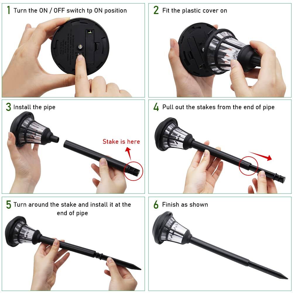 1. Turn the ON / OFF switch to ON position  
2. Fit the plastic cover on  
3. Install the pipe  
4. Pull out the stakes from the end of the pipe  
5. Turn around the stake and install it at the end of the pipe  
6. Finish as shown