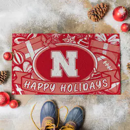Evergreen Enterprises - Nebraska Huskers 28" x 16" Happy Holidays Christmas Turf Door Mat - Multicolor