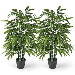 Gymax - 50'' Tall Artificial Potted Tree w/3 PE Bamboo Trunk Flush Leaves Realistic Soil - Green