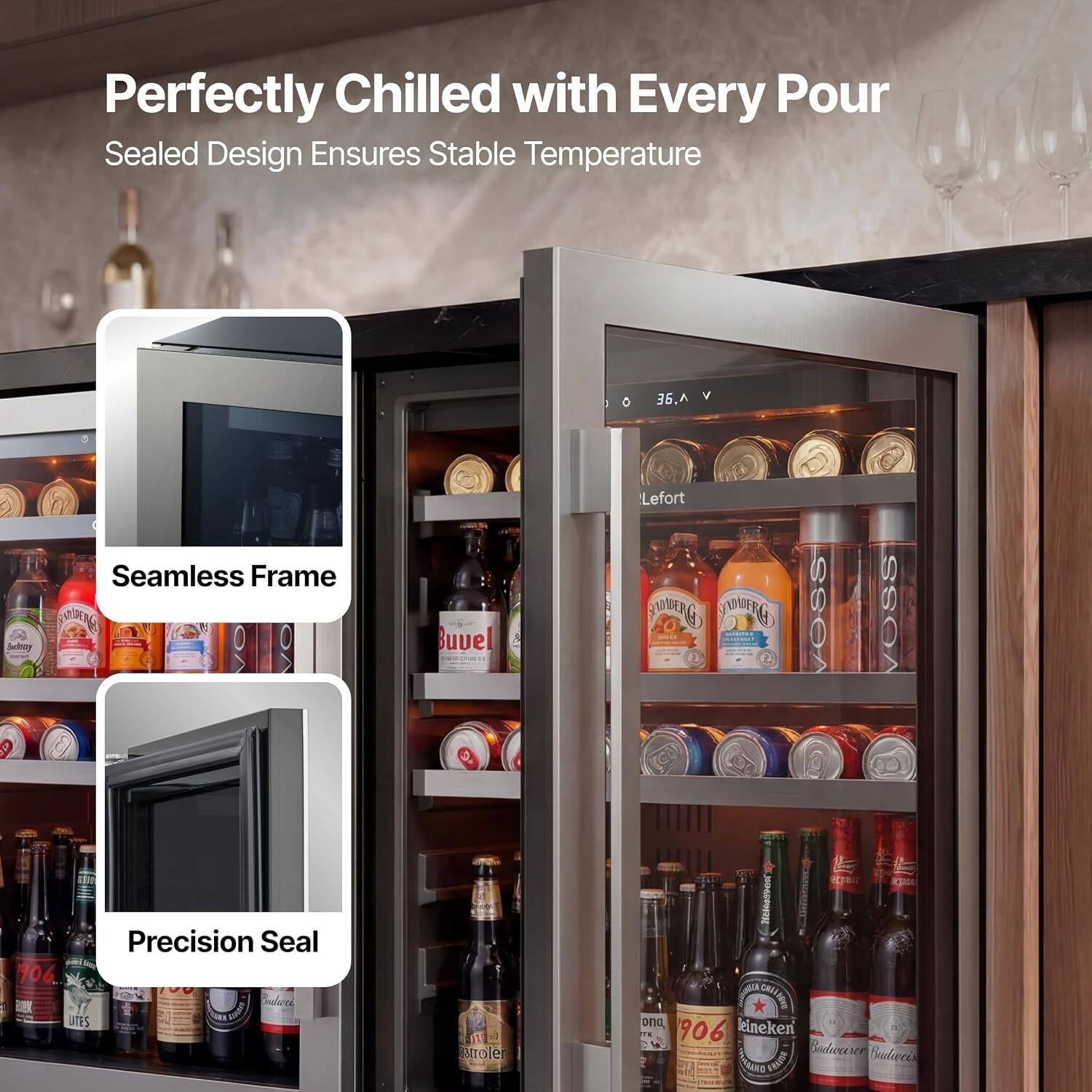 Perfectly Chilled with Every Pour  
Sealed Design Ensures Stable Temperature  

Seamless Frame  
Precision Seal