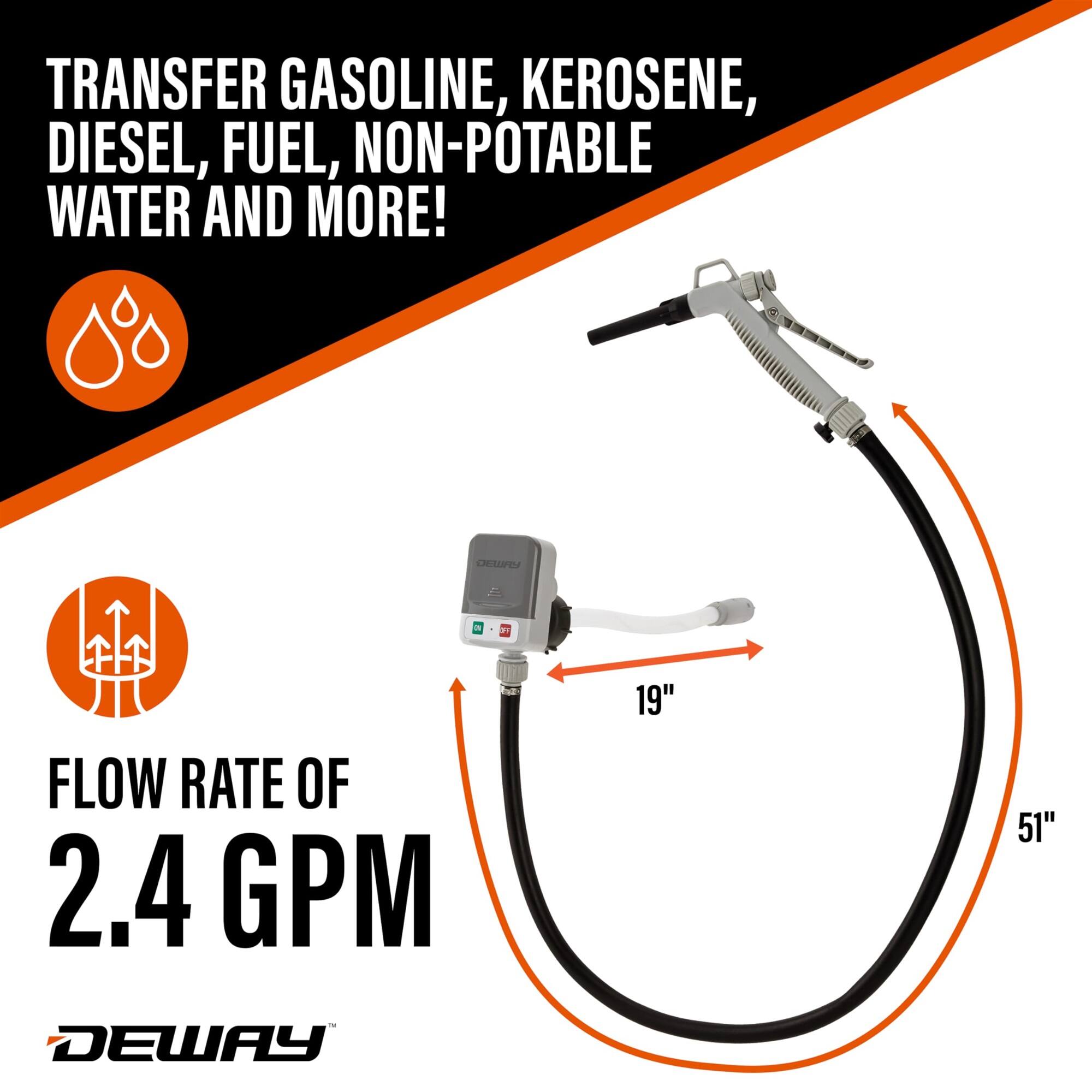 TRANSFER GASOLINE, KEROSENE, DIESEL, FUEL, NON-POTABLE WATER AND MORE!  
FLOW RATE OF 2.4 GPM  
DEWAY 19" 51"