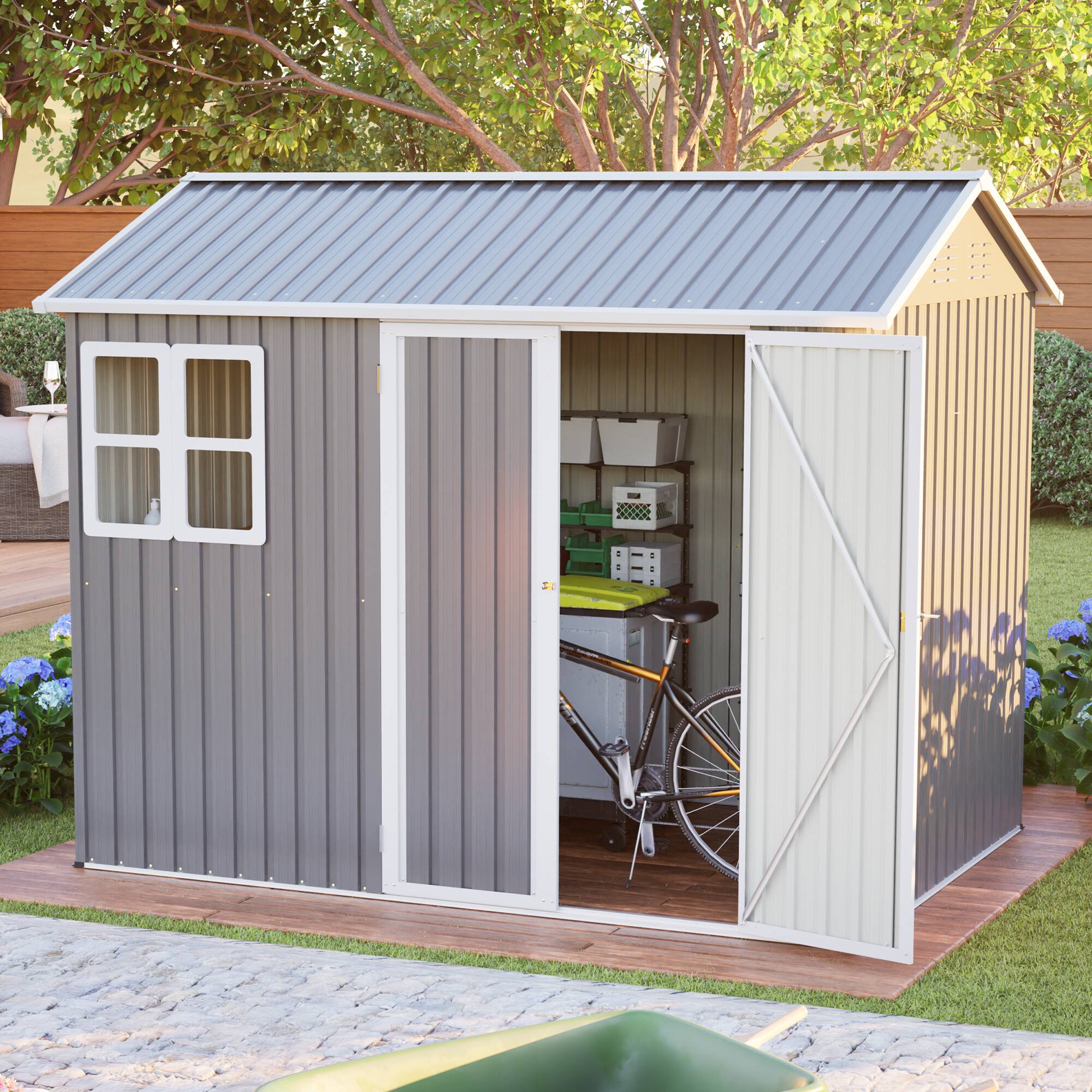 Alt View 4. Loheer - Loheer 8x6 Steel Storage Shed Heavy Duty Outdoor Tool Shed with Window Lockable Doors Dark Gray.