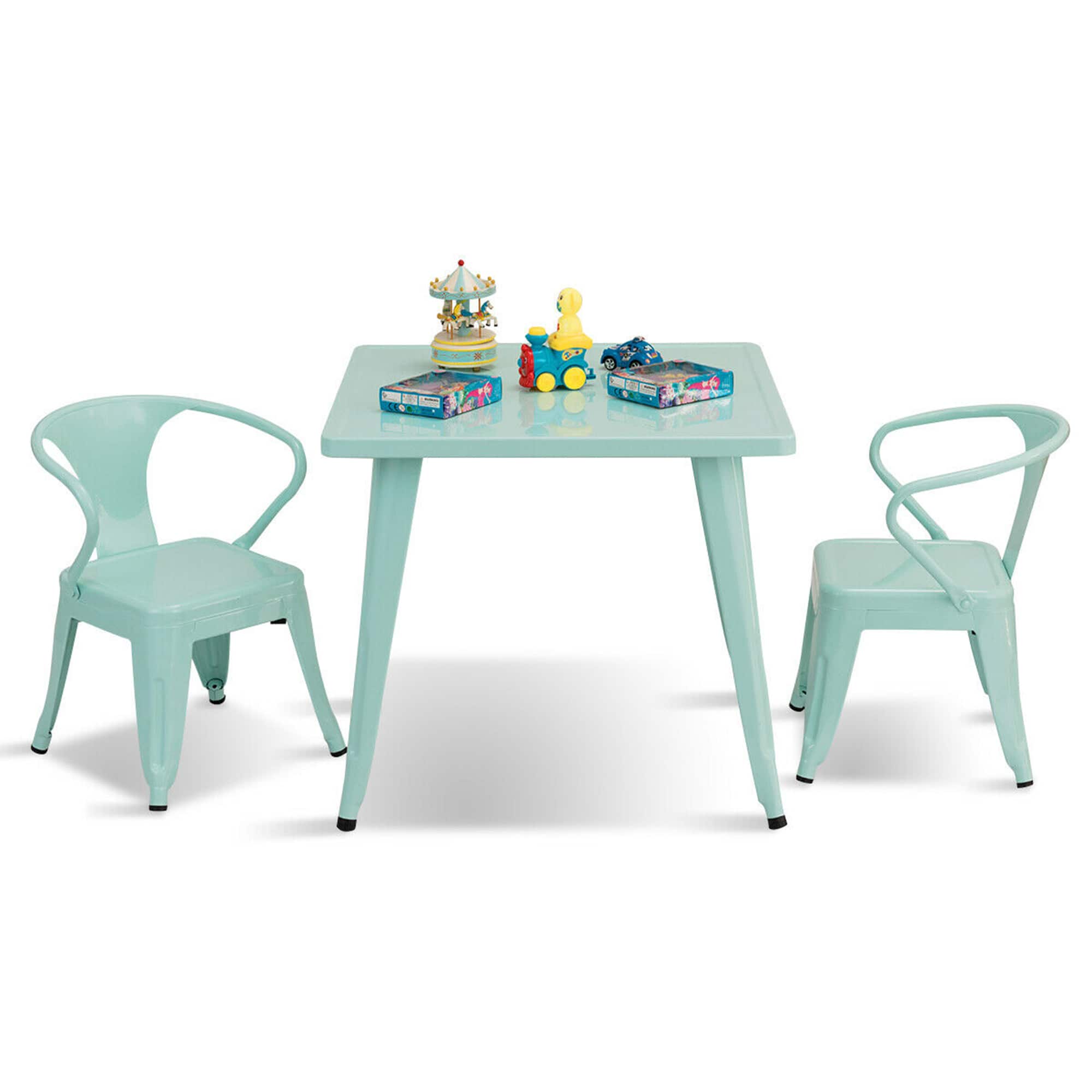 Gymax - 3 Pcs Kids Dining Set Square Table & 2 Tolix Armchairs Play Learn Activity Home - Blue
