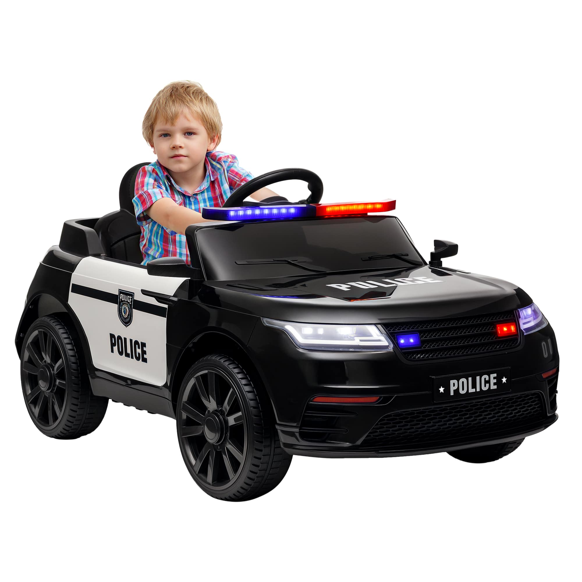 Qaba - 12V Kids Ride on Police Car, Battery Electric Car with 7AH Big Battery, Remote, 4 Suspension Wheels, Siren, Music, Horn