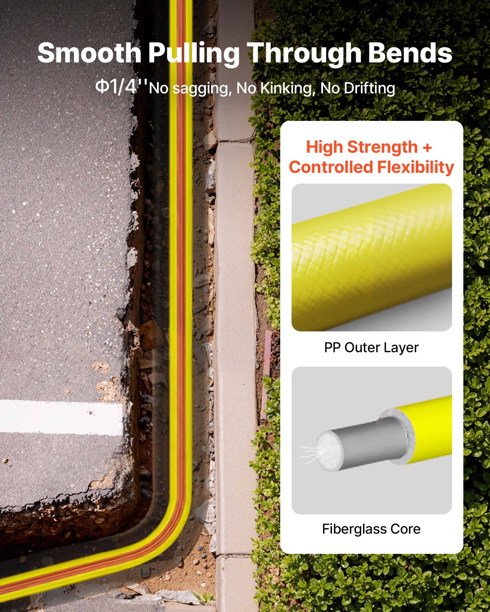 Smooth Pulling Through Bends  
Φ1/4" No sagging, No Kinking, No Drifting  

High Strength + Controlled Flexibility  
PP Outer Layer  
Fiberglass Core