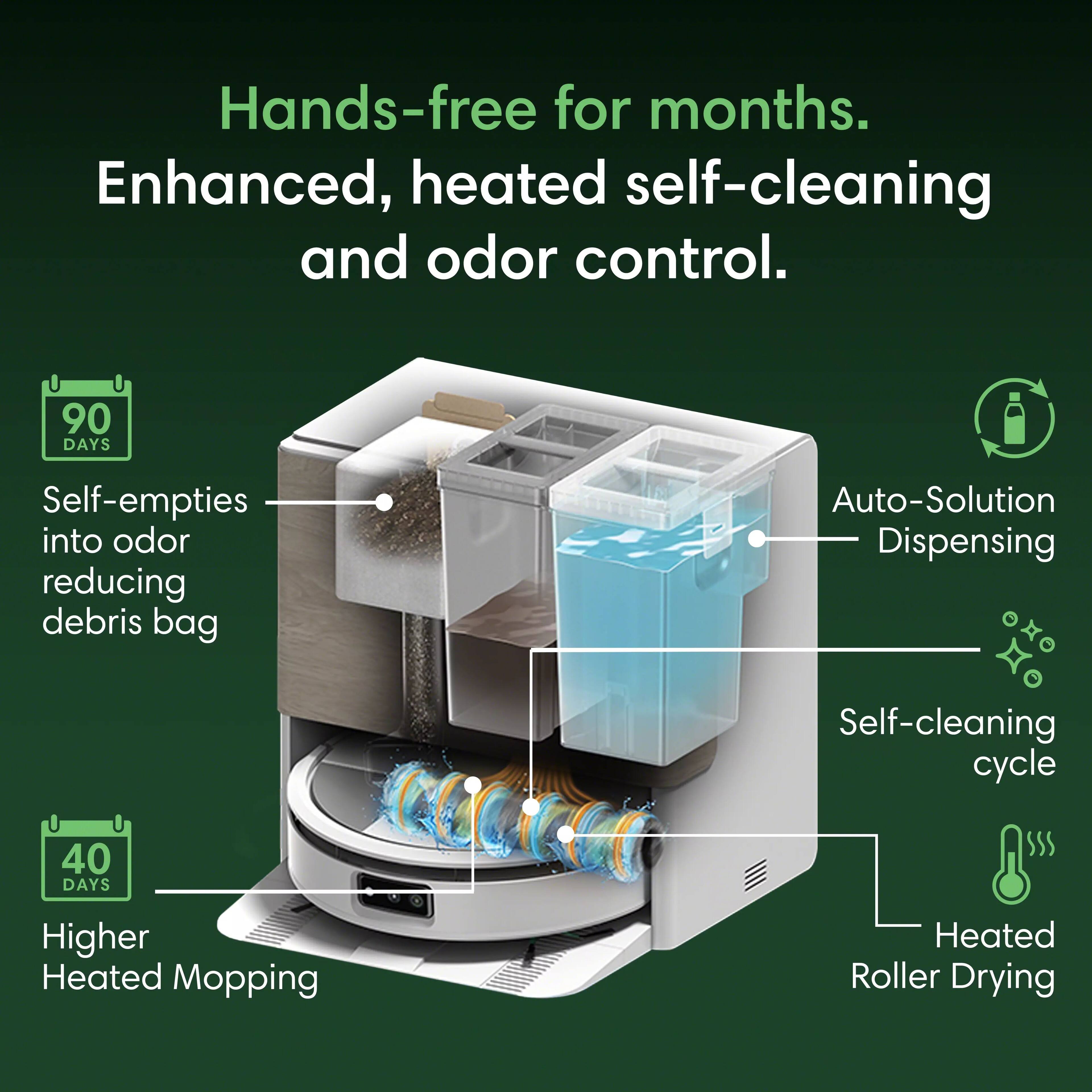 Hands-free for months. Enhanced, heated self-cleaning and odor control.

90 DAYS
Self-empties into odor reducing debris bag

40 DAYS
Higher Heated Mopping

Auto-Solution Dispensing
Self-cleaning cycle
Heated Roller Drying