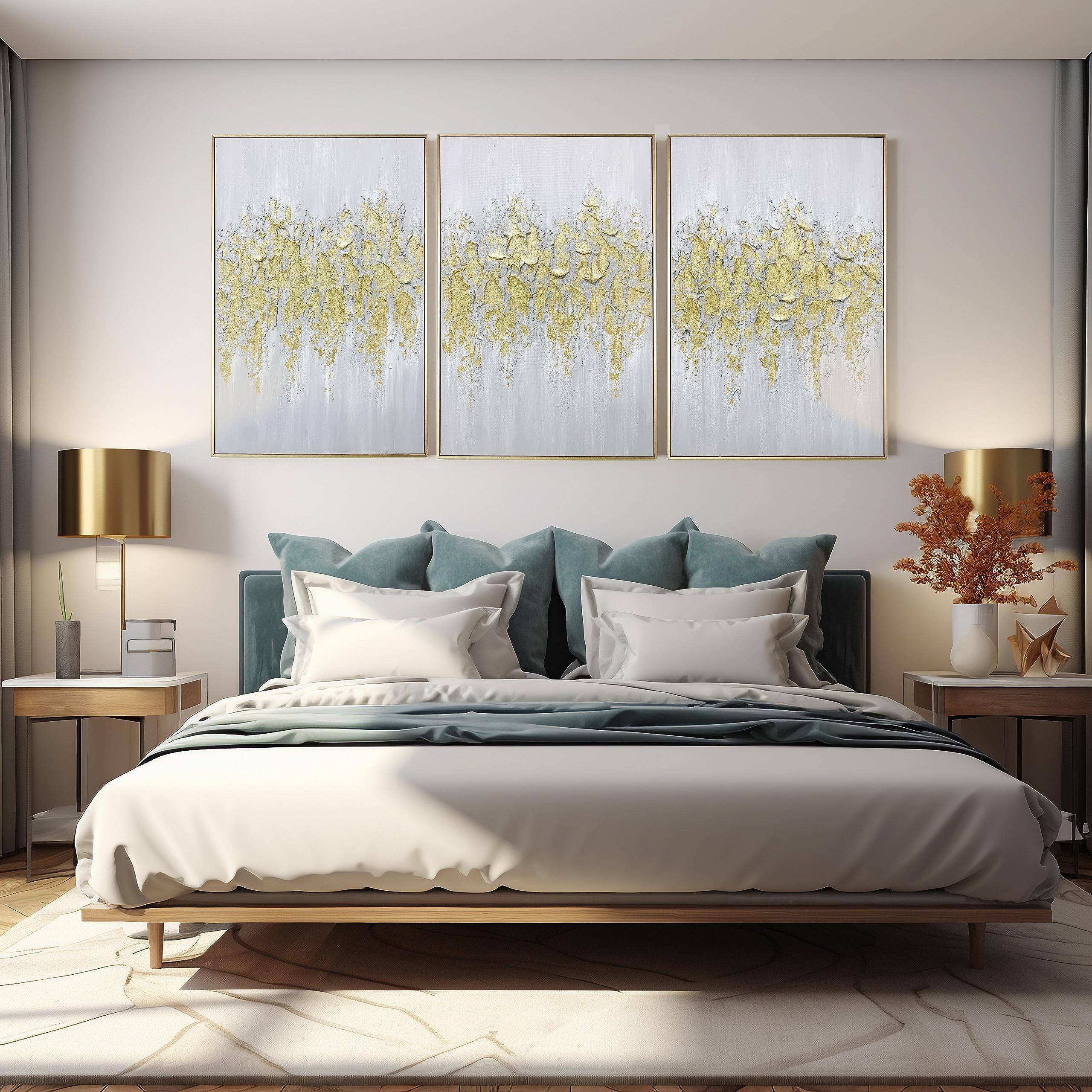 Alt View 2. Hanke - Abstract Wall Art Living room Framed Glam Hand painting Canvas Bedroom Decor 24 x 36 inches - Gold Triptych 1 12“ x 36" x 2pcs + 24" x 36" x1pcs.