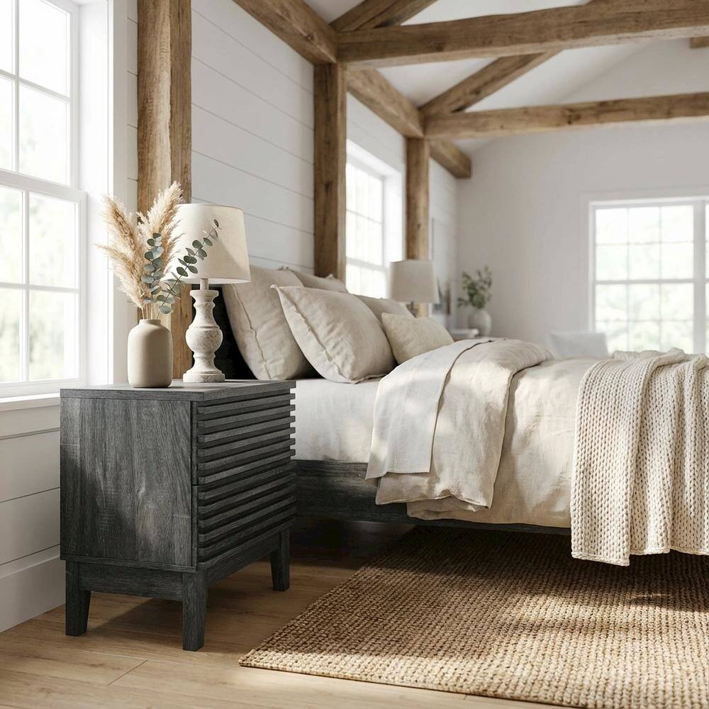 Left. FurniFact - Two-Drawer Nightstand in Gray Finish with Sturdy Build and Modern Style - Gray.