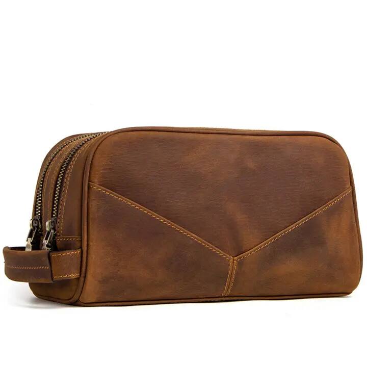 Left. Steel Horse Leather - The Nomad Toiletry Bag | Genuine Leather Travel Toiletry Bag - Brown.