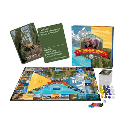 QUESTION: Which U.S. national park is the most northernmost?
ANSWER: 1. Kobuk Valley 2. Gates of the Arctic 3. Fortress of Solitude
NATIONAL PARKS PURSUIT
TRIVIA BOARD GAME
EST. 1872
