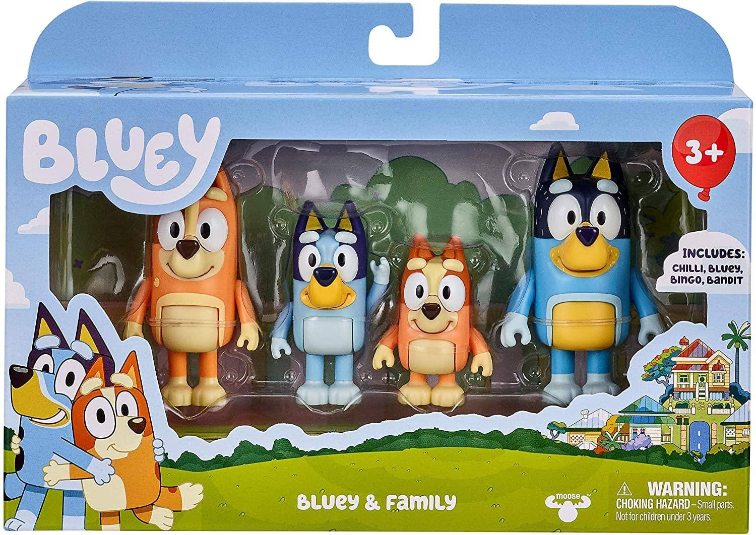 BLUeY 3+ INCLUDES: CHILLI, BLUEY, BINGO, BANDIT BLUEY & FAMILY moose! WARNING: CHOKING HAZARD - Small parts. Not for children under 3 years.