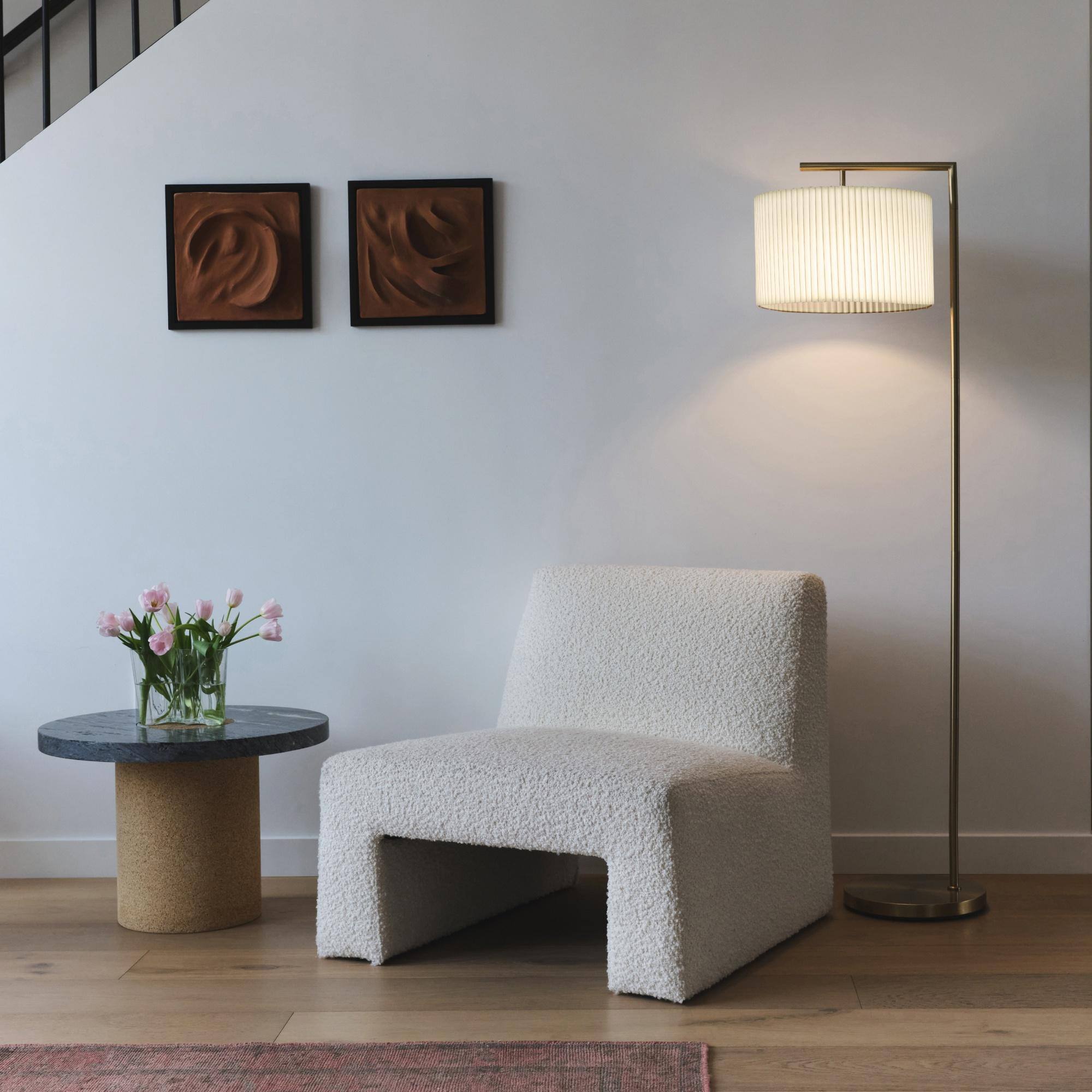Alt View 4. Brightech - Montage Modern LED Midcentury Modern Arc Super Bright Floor Lamp with White Fabric Drum Shade - Antiqued Brass.