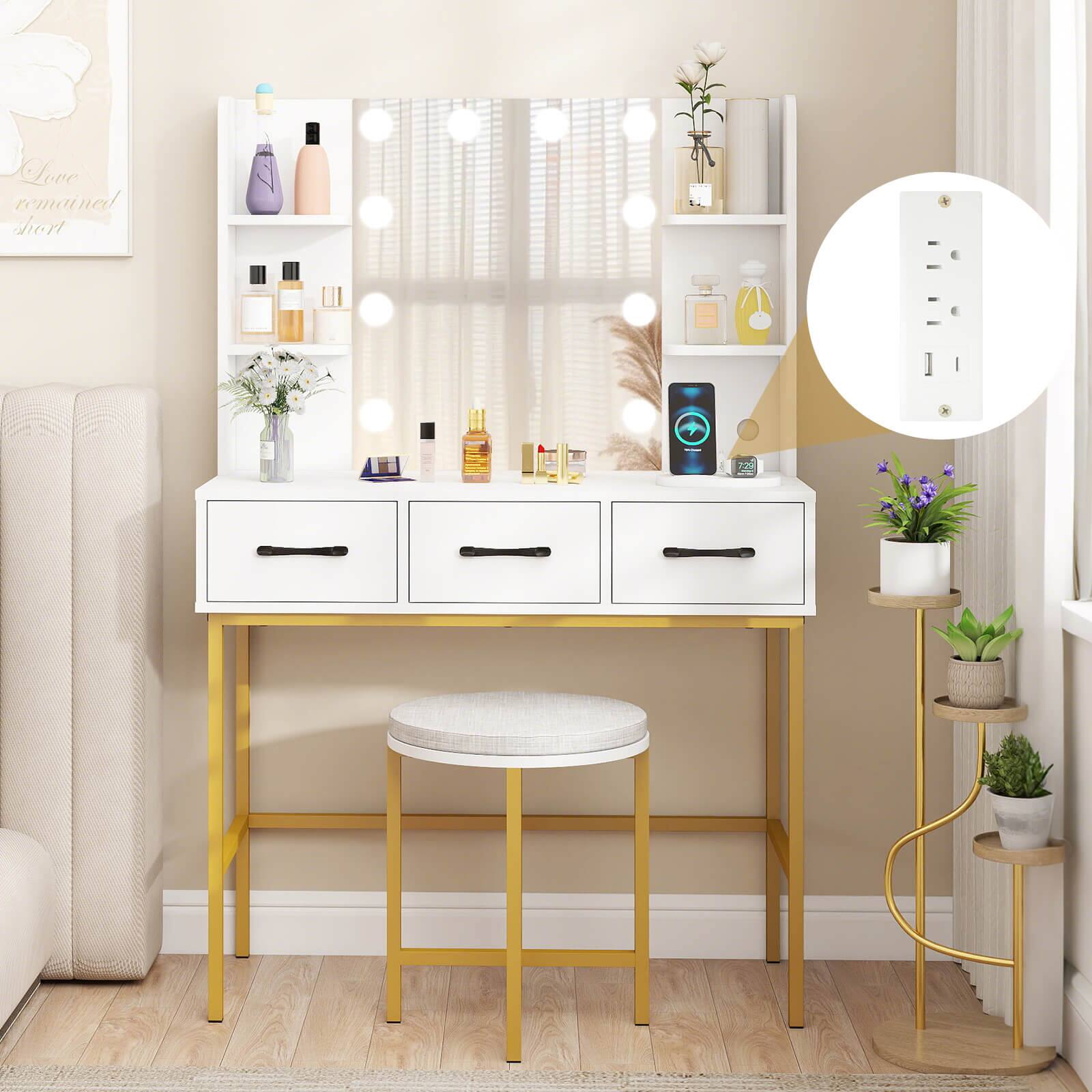Costway - Vanity Desk with Mirror Lights Power Outlets 4 Open Shelves 3 Storage Drawers - White - Thumbnail 5