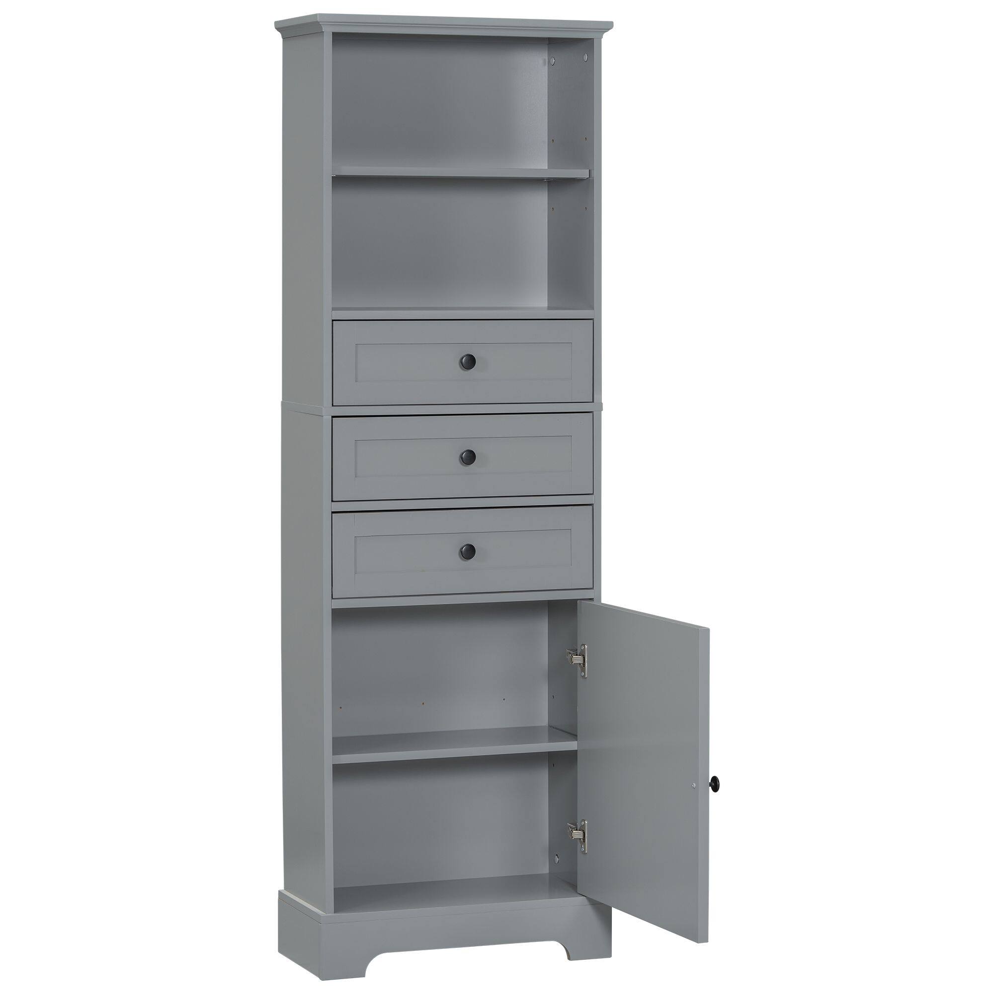 Angle. Mirfee - White Tall Storage Cabinet with 3 Drawers, Adjustable Shelves, MDF, for Bathroom Office - Gray.
