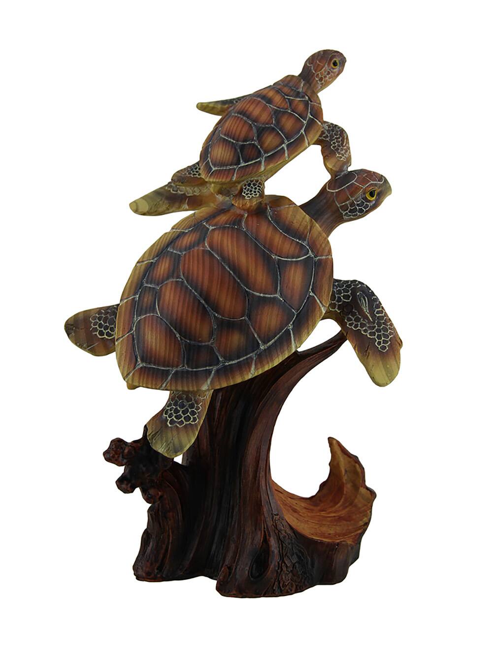 Front. Zeckos - Two Swimming Sea Turtles Decorative Faux Carved Wood Look Statue - Brown.