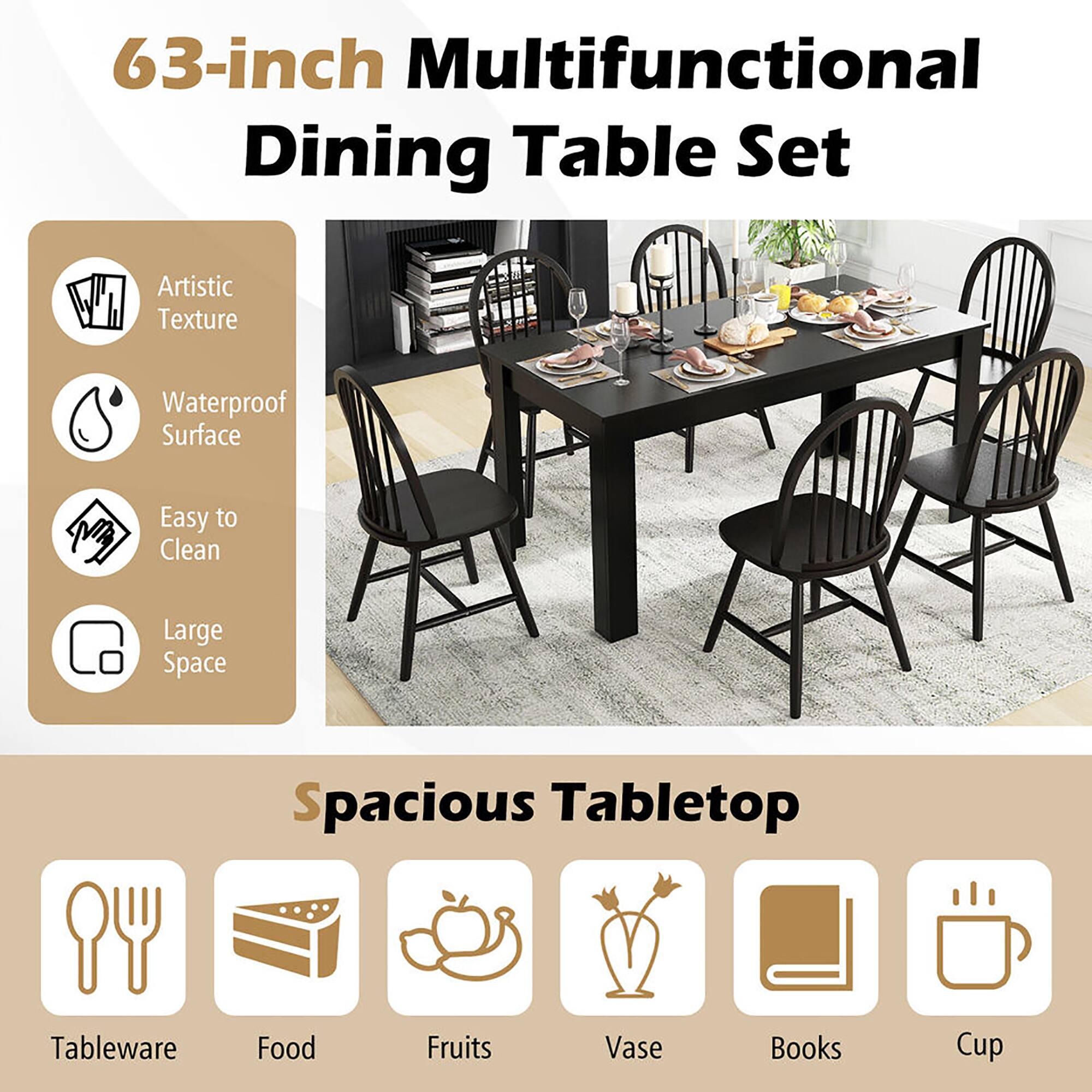 63-inch Multifunctional Dining Table Set

Artistic Texture  
Waterproof Surface  
Easy to Clean  
Large Space  

Spacious Tabletop  

Tableware  
Food  
Fruits  
Vase  
Books  
Cup