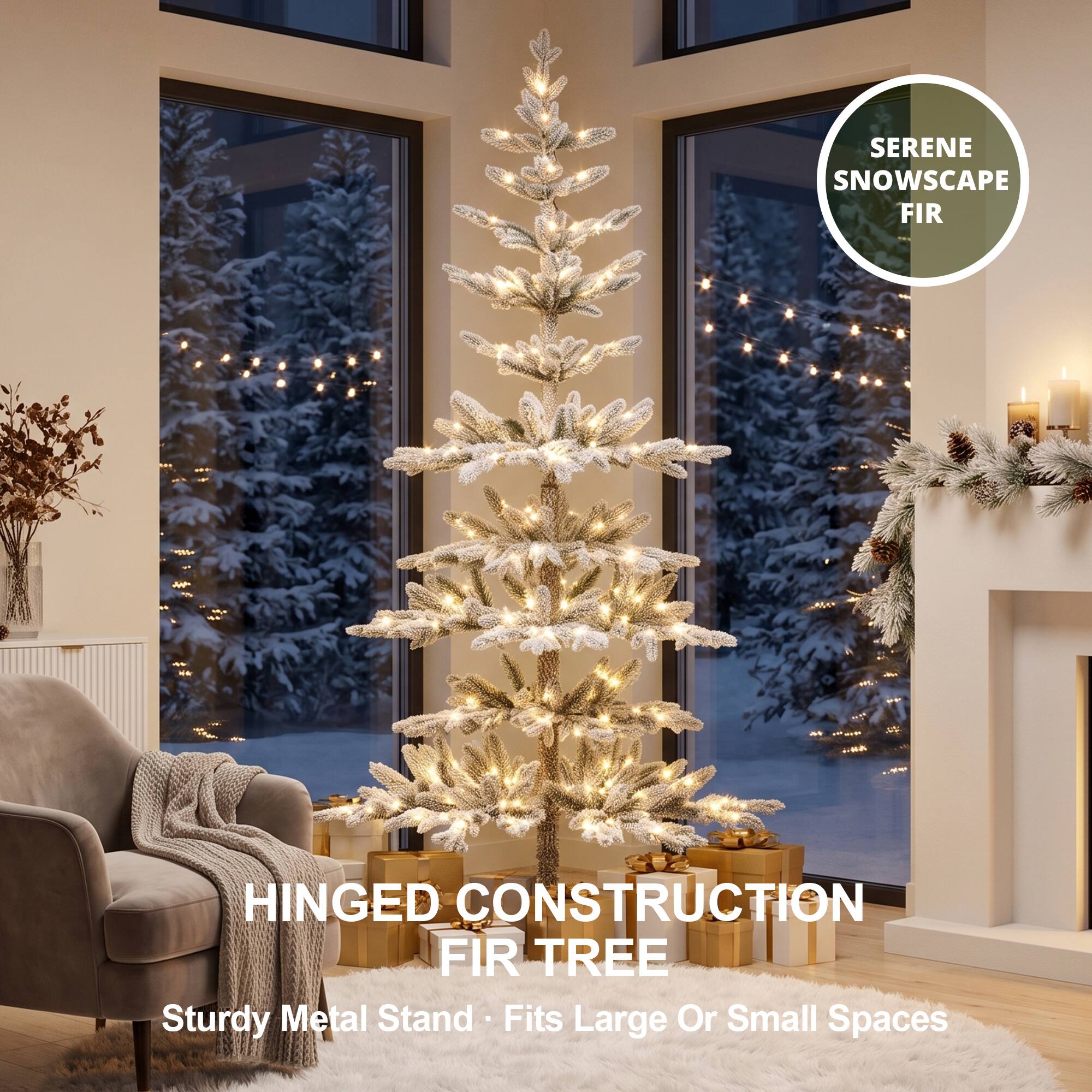 SERENE SNOWSCAPE FIR  
HINGED CONSTRUCTION FIR TREE  
Sturdy Metal Stand • Fits Large Or Small Spaces