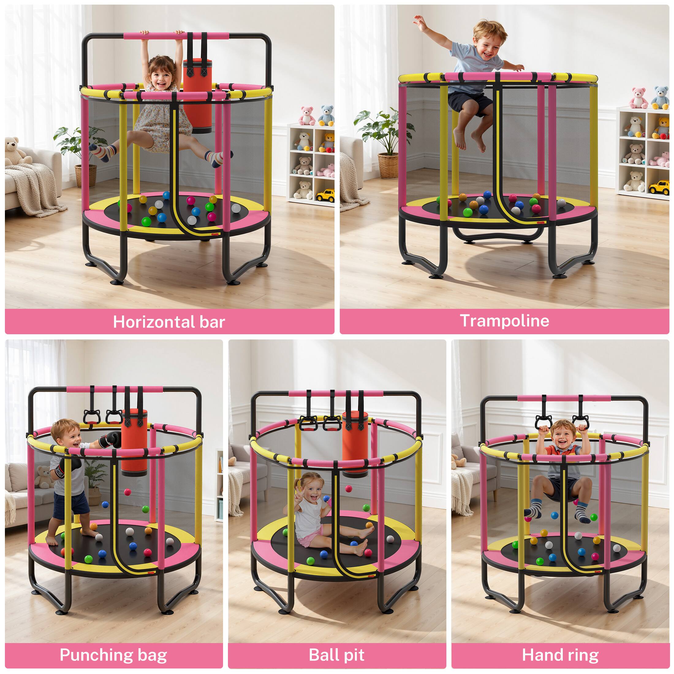 Horizontal bar  
Trampoline  
Punching bag  
Ball pit  
Hand ring