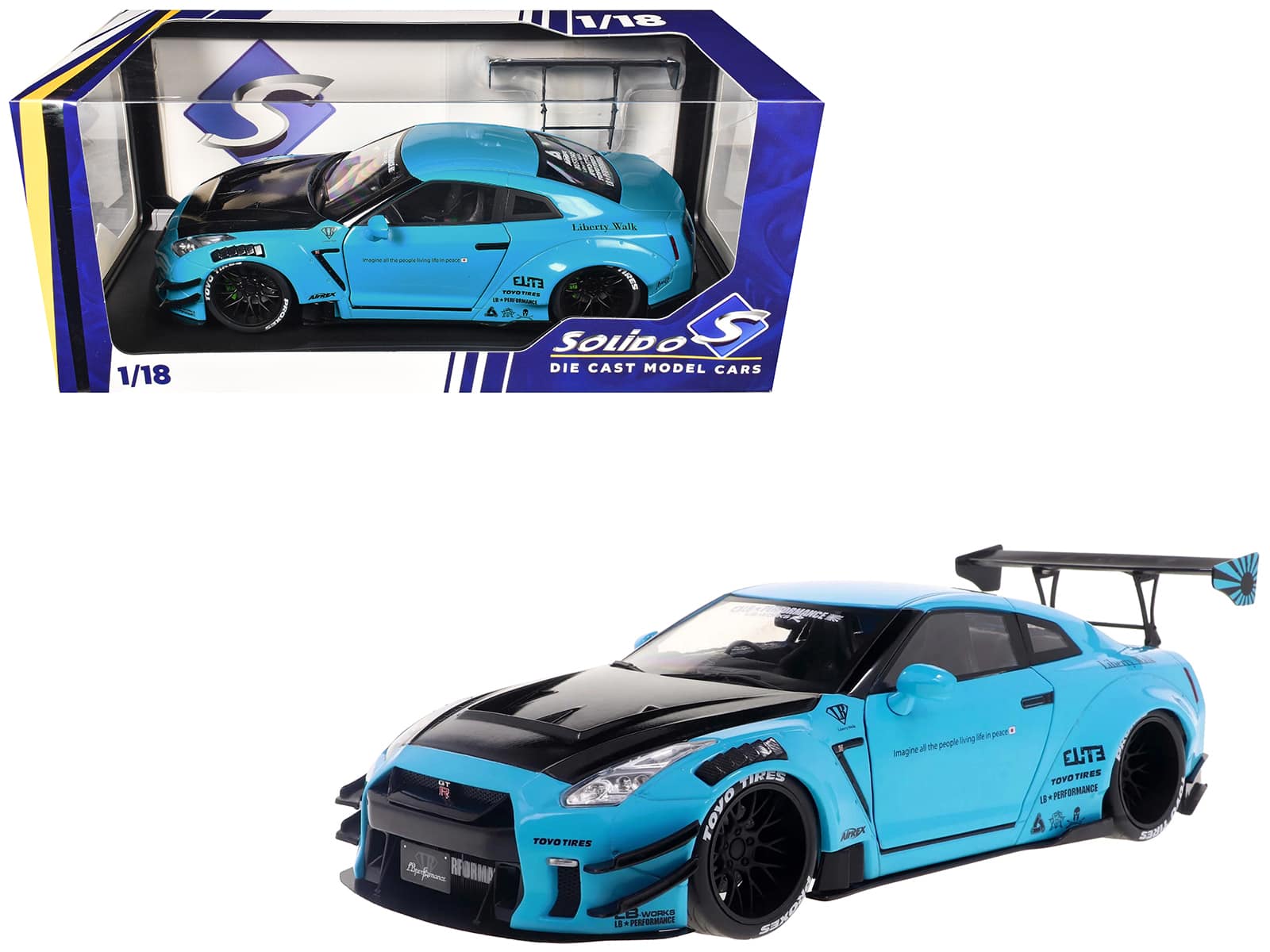 Solido - 2023 Nissan GT-R (R35) Liberty Walk Body Kit 2.0 RHD (Right Hand Drive) Baby with Carbon Hood 1/18 - Blue