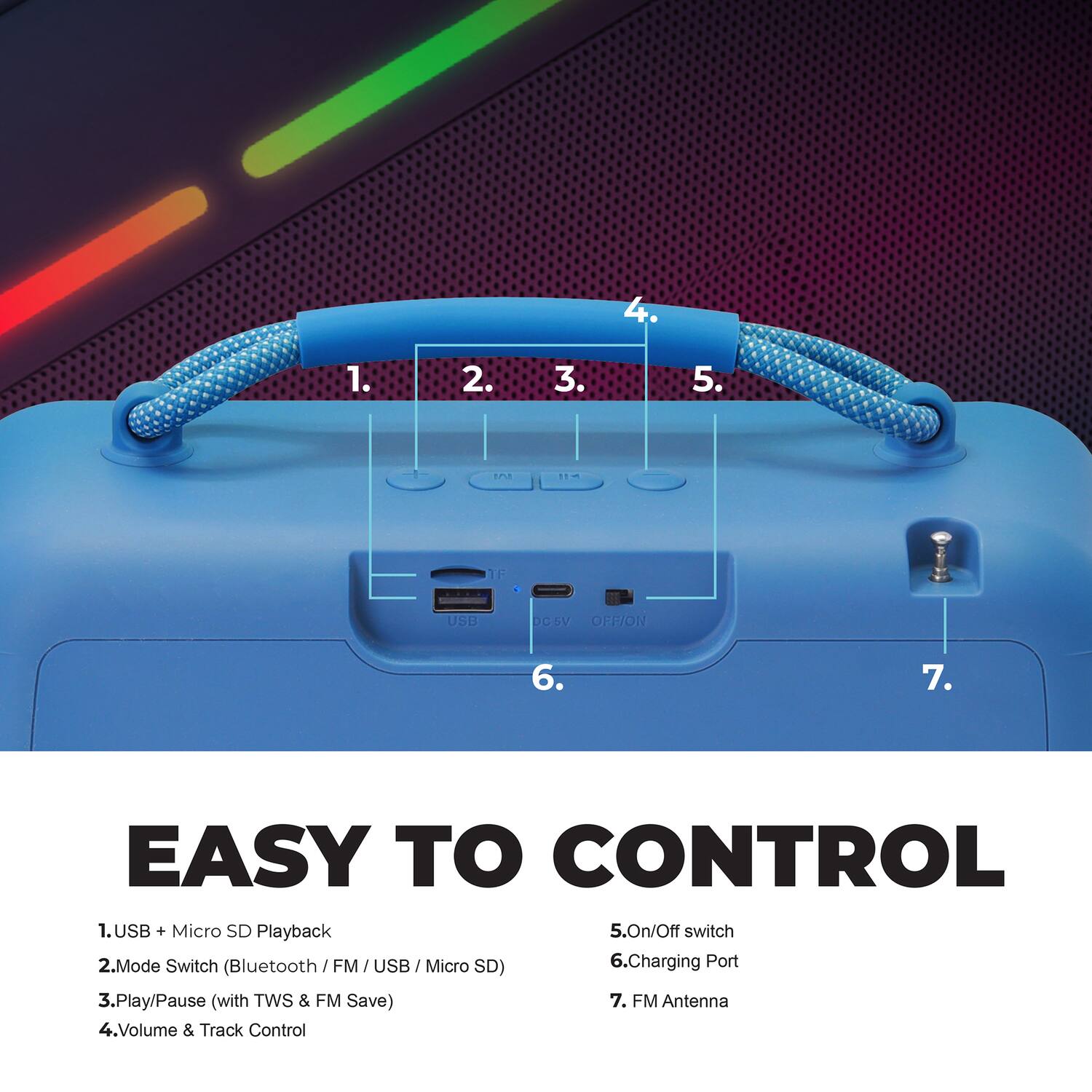 EASY TO CONTROL

1. USB + Micro SD Playback
2. Mode Switch (Bluetooth / FM / USB / Micro SD)
3. Play/Pause (with TWS & FM Save)
4. Volume & Track Control
5. On/Off switch
6. Charging Port
7. FM Antenna
