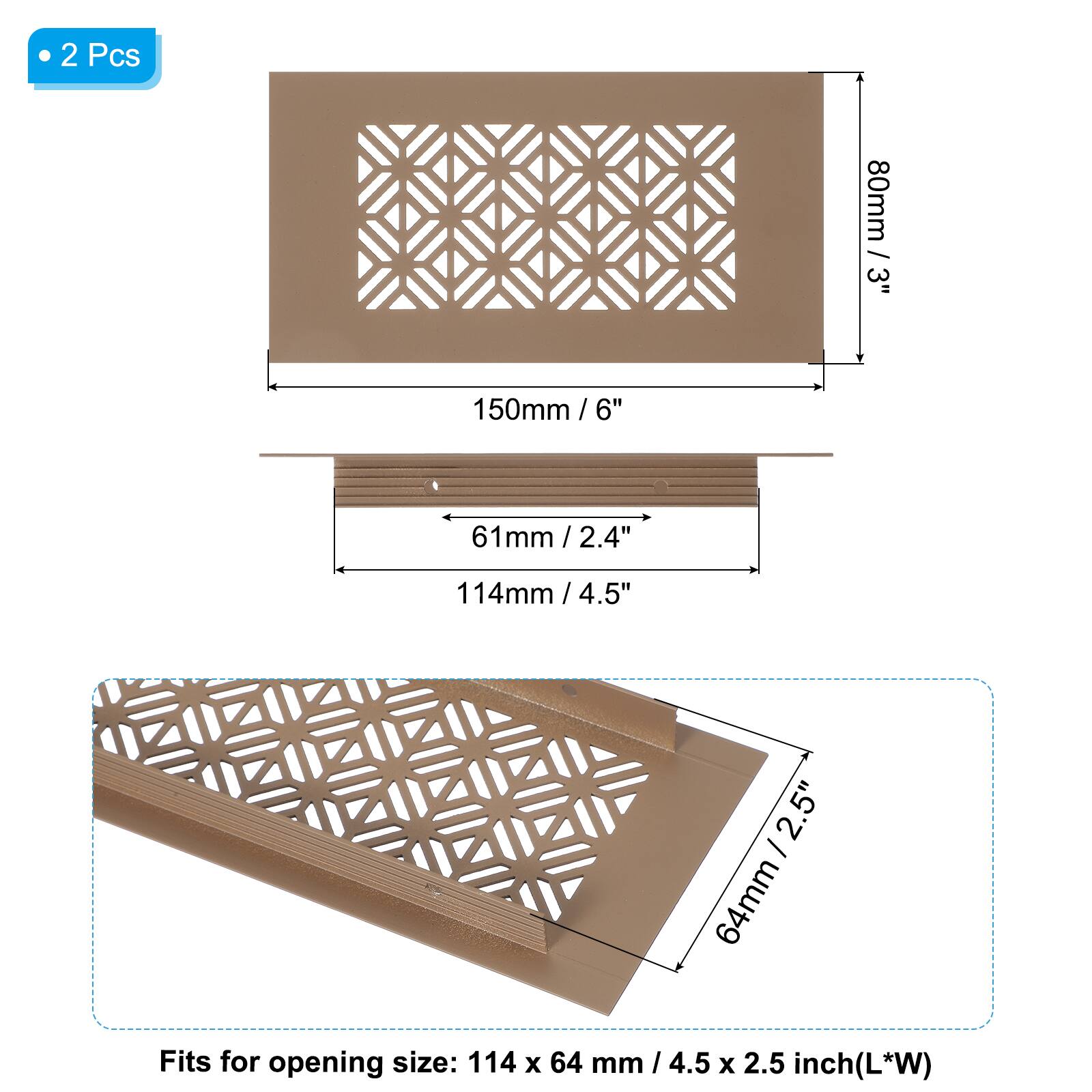 2 Pcs

80mm / 3"  
150mm / 6"  
61mm / 2.4"  
114mm / 4.5"  
64mm / 2.5"

Fits for opening size: 114 x 64 mm / 4.5 x 2.5 inch (L*W)