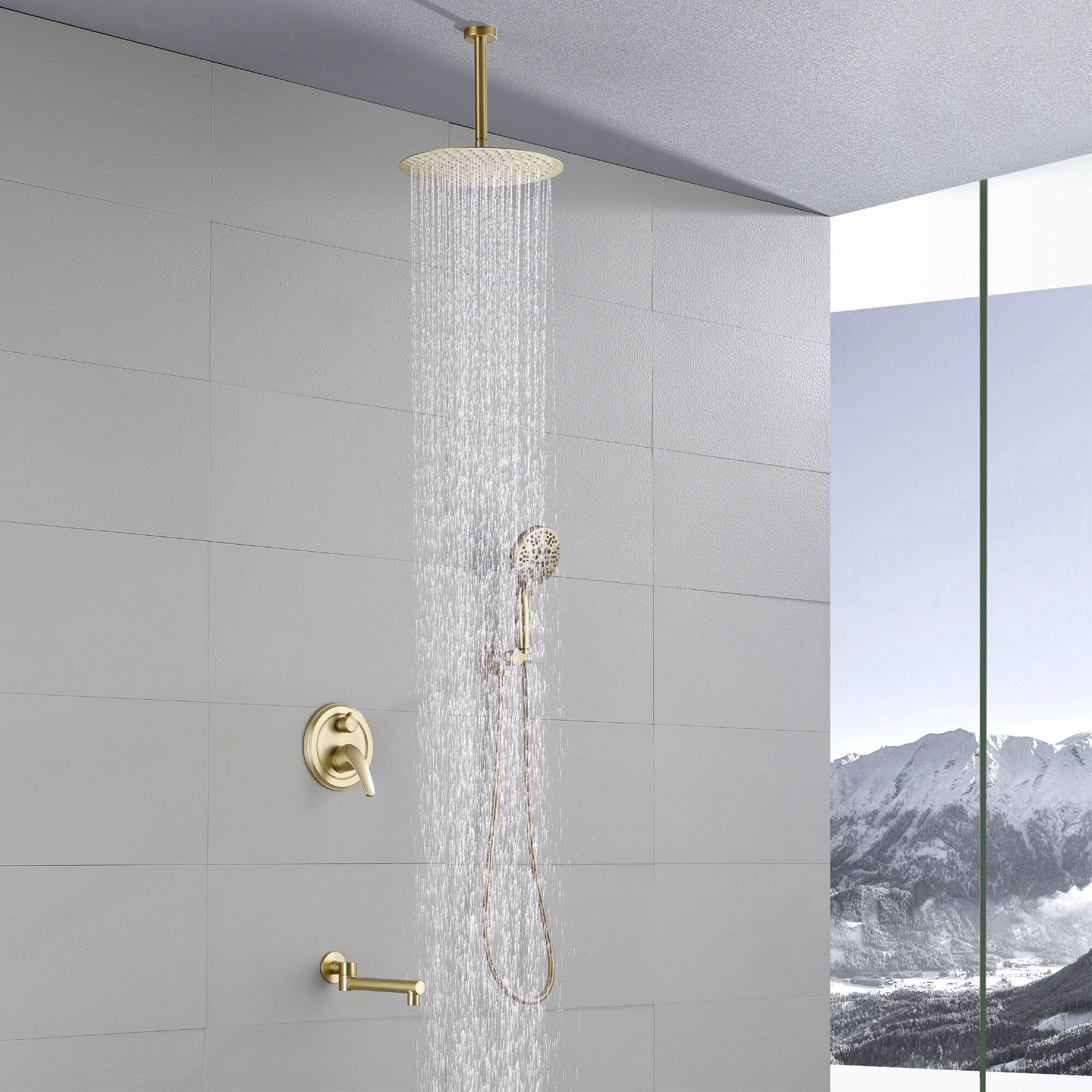 Alt View 2. Boyel Living - Brushed Gold 12-Inch Rain Shower System Brass SUS304 3-Function Valve 7-Function Handheld 180° Spout cUPC - Brushed Gold.