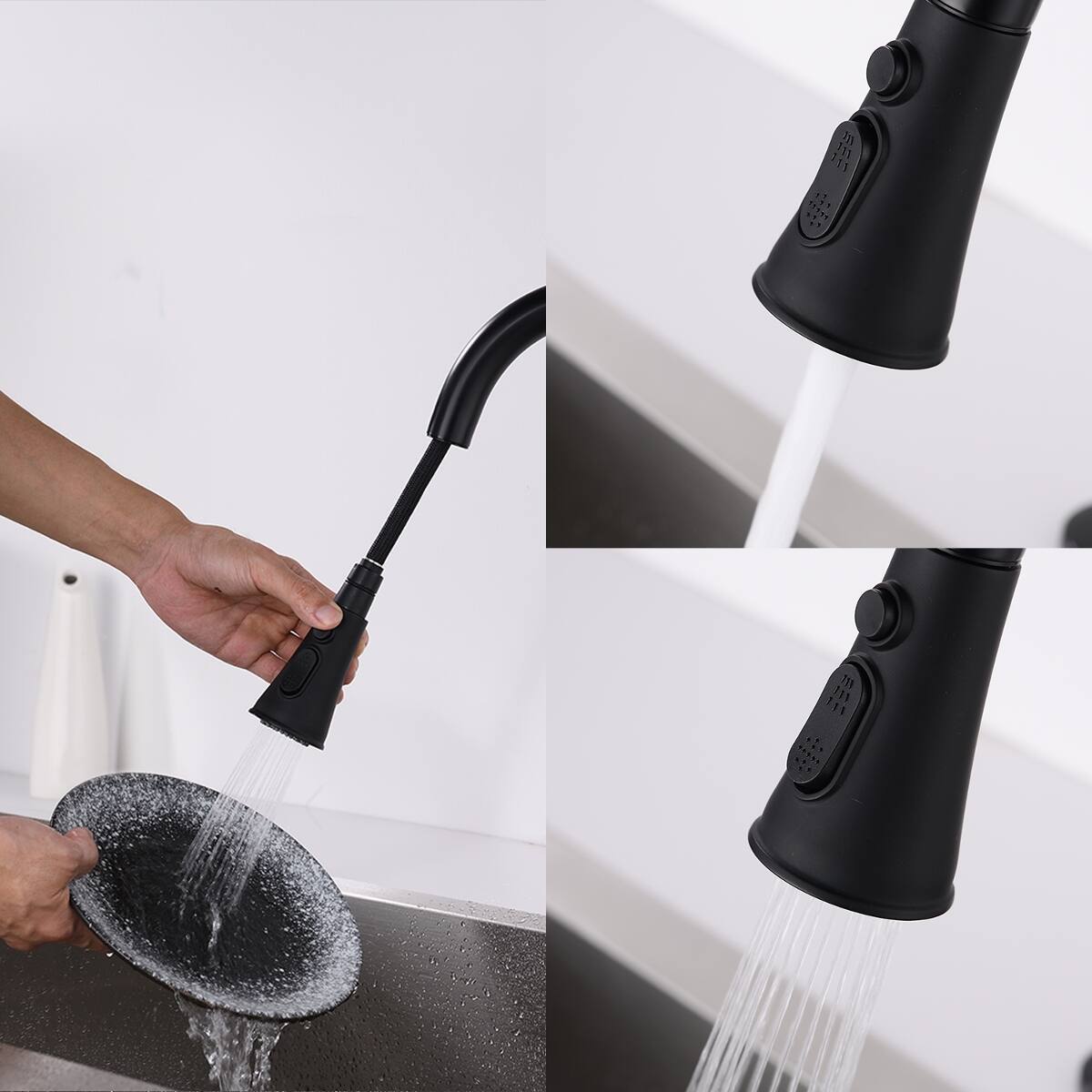 Left. Ropilly - Ropilly Matte Black Pull Down Kitchen Faucet, Stainless Steel High Arc Faucet with Sprayer - Matte Black.