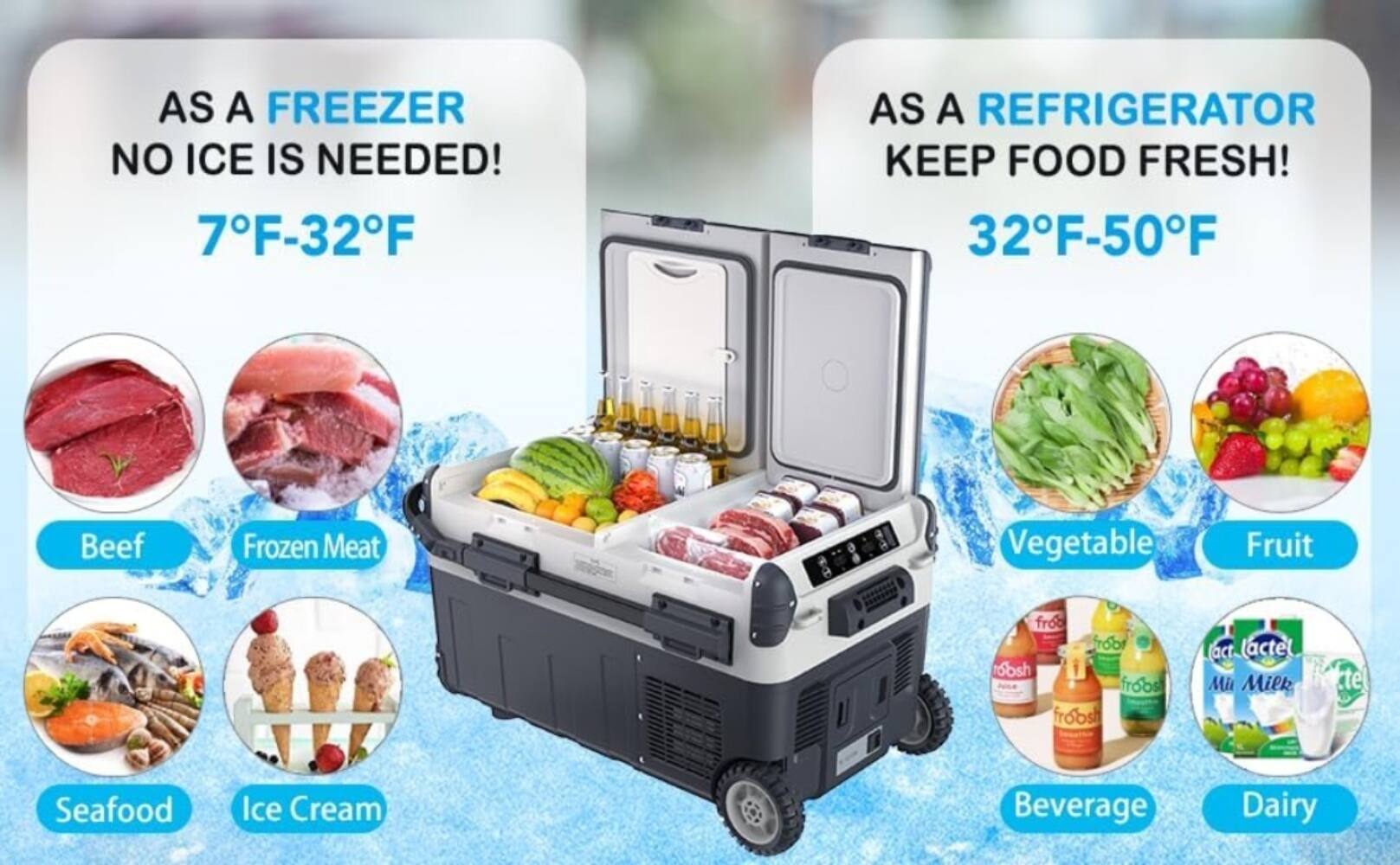 AS A FREEZER  
NO ICE IS NEEDED!  
7°F-32°F  

AS A REFRIGERATOR  
KEEP FOOD FRESH!  
32°F-50°F  

- Beef  
- Frozen Meat  
- Seafood  
- Ice Cream  
- Vegetable  
- Fruit  
- Beverage  
- Dairy