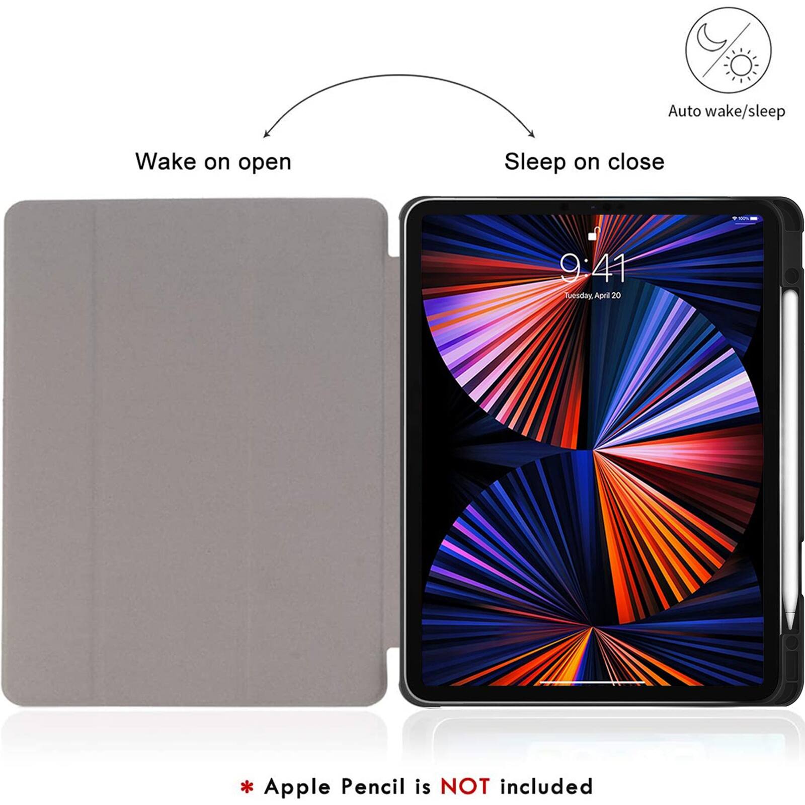 Auto wake/sleep: Wake on open, Sleep on close. i 9:41 on Wednesday, April 20. Apple Pencil is NOT included.