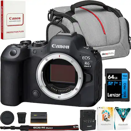 Canon EOS R6 Mark II
64GB Lexar 800x C10 PRO SDXC UHS-II V30 150 MB/s
Canon Protection Plan
deco photo bag
Canon battery and charger
Canon lens cap
Canon strap
Adobe Photoshop Elements
Adobe VideoStudio Pro
