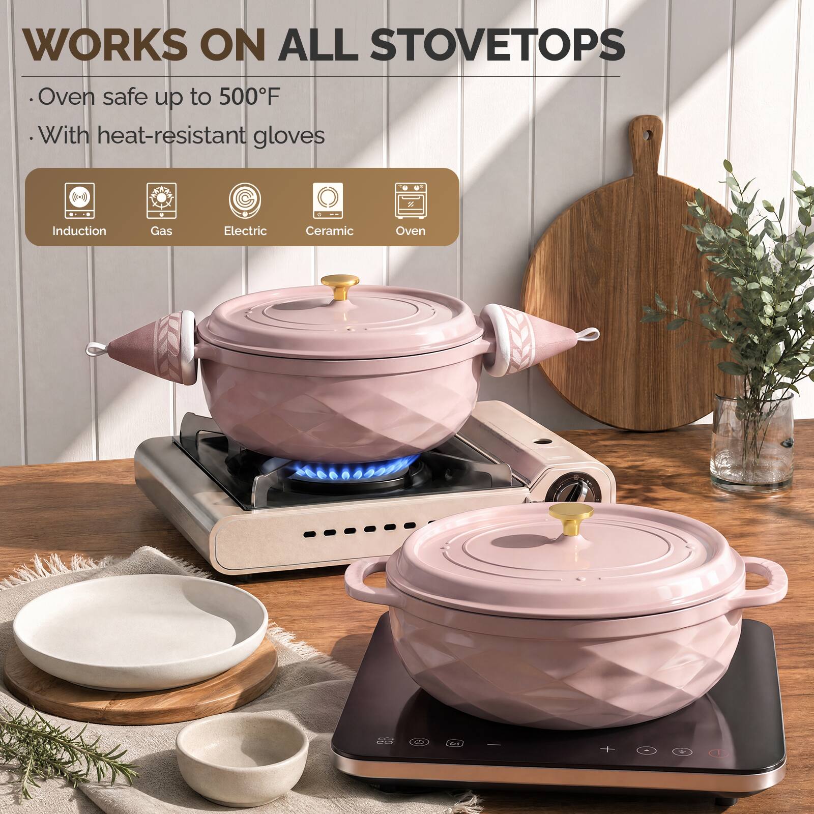 WORKS ON ALL STOVETOPS

- Oven safe up to 500°F
- With heat-resistant gloves

Induction
Gas
Electric
Ceramic
Oven