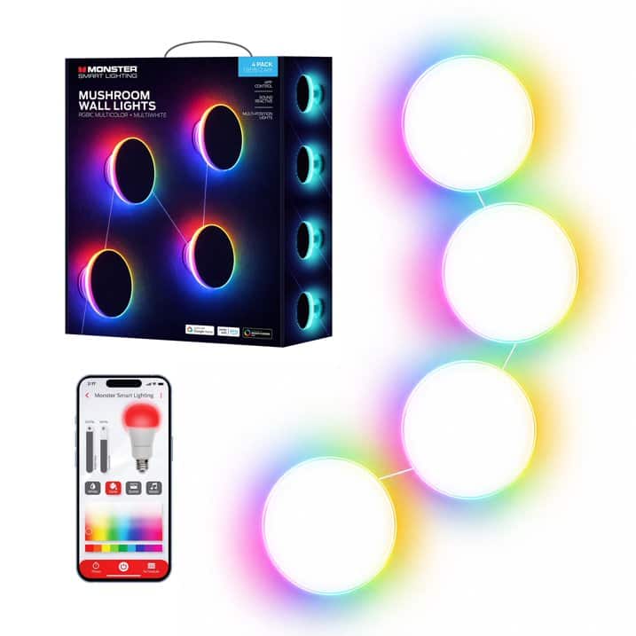 Monster - Smart Mushroom Wall Lights for Gaming & Bedroom Room Decor, 4 Pack, LED Wall Light Panels - Multicolor