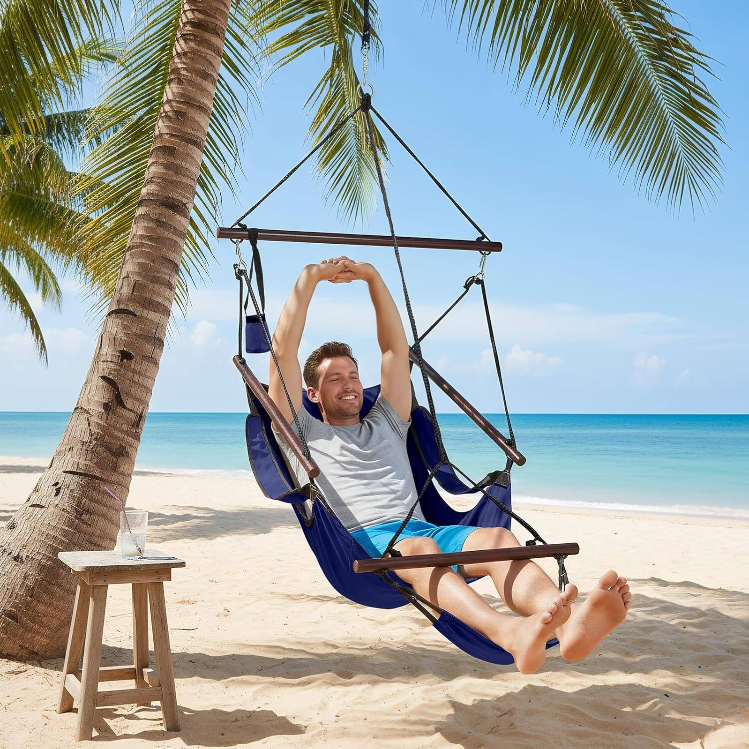 Alt View 5. Winado - 5FT Hammock Hanging Sky Chair, Air Deluxe Swing Seat with Cup Holder, Wooden Stick, Chain for Indoor Outdoor Garden - Blue.