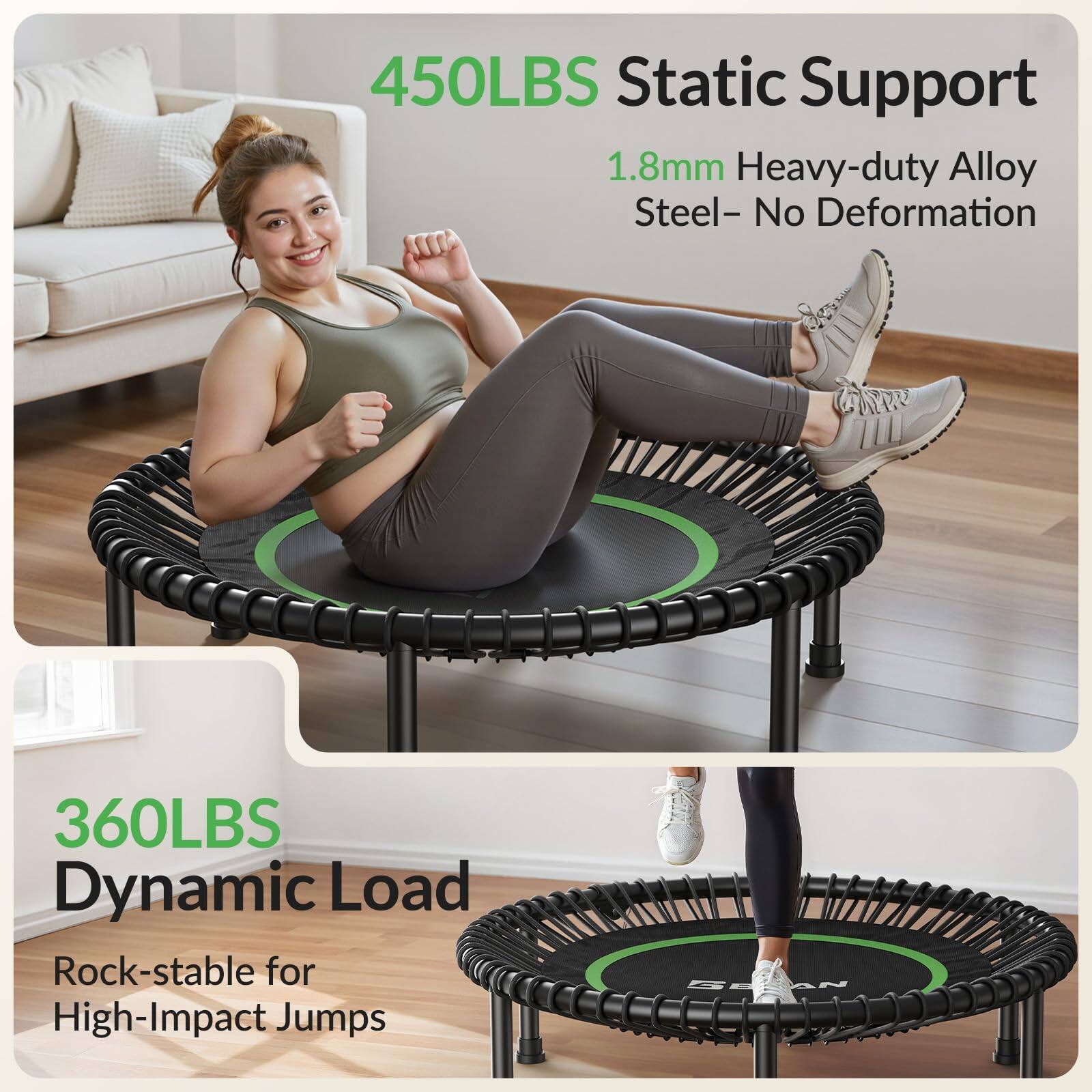 450LBS Static Support  
1.8mm Heavy-duty Alloy Steel - No Deformation  

360LBS Dynamic Load  
Rock-stable for High-Impact Jumps