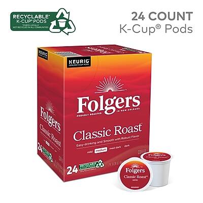RECYCLABLE K-CUP PODS  
24 COUNT  
KEURIG K-Cup® Pods  
Folgers Classic Roast  
Proudly Roasted in New Orleans  
Easy-drinking and Smooth with a Medium-Roast Flavor  
24 Count