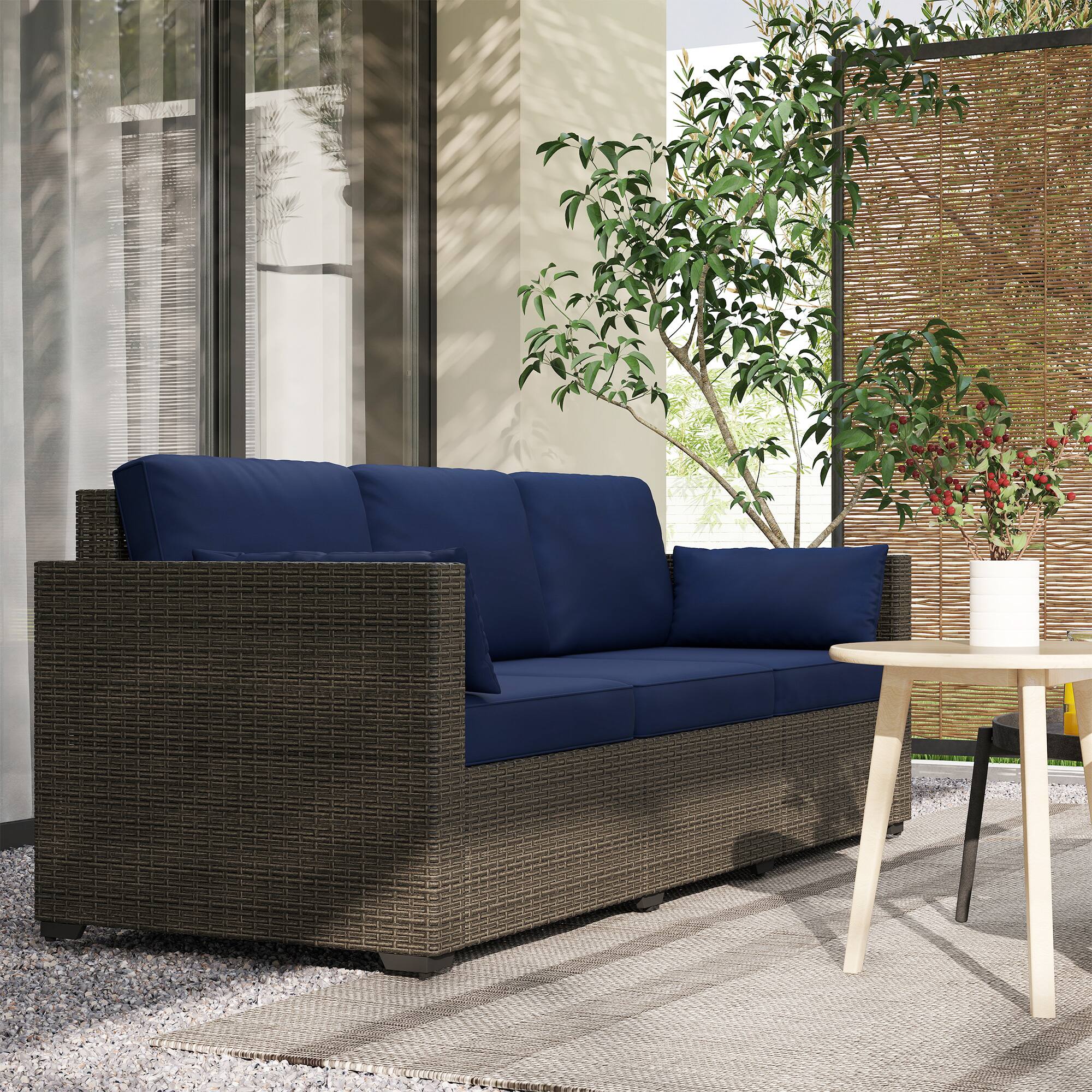 Alt View 1. Outsunny - Patio Couch PE Wicker Deep Seating Outdoor Sofa with Removable Cushions, 3 Seater Rattan Sofa, Outdoor Furniture - Navy Blue.