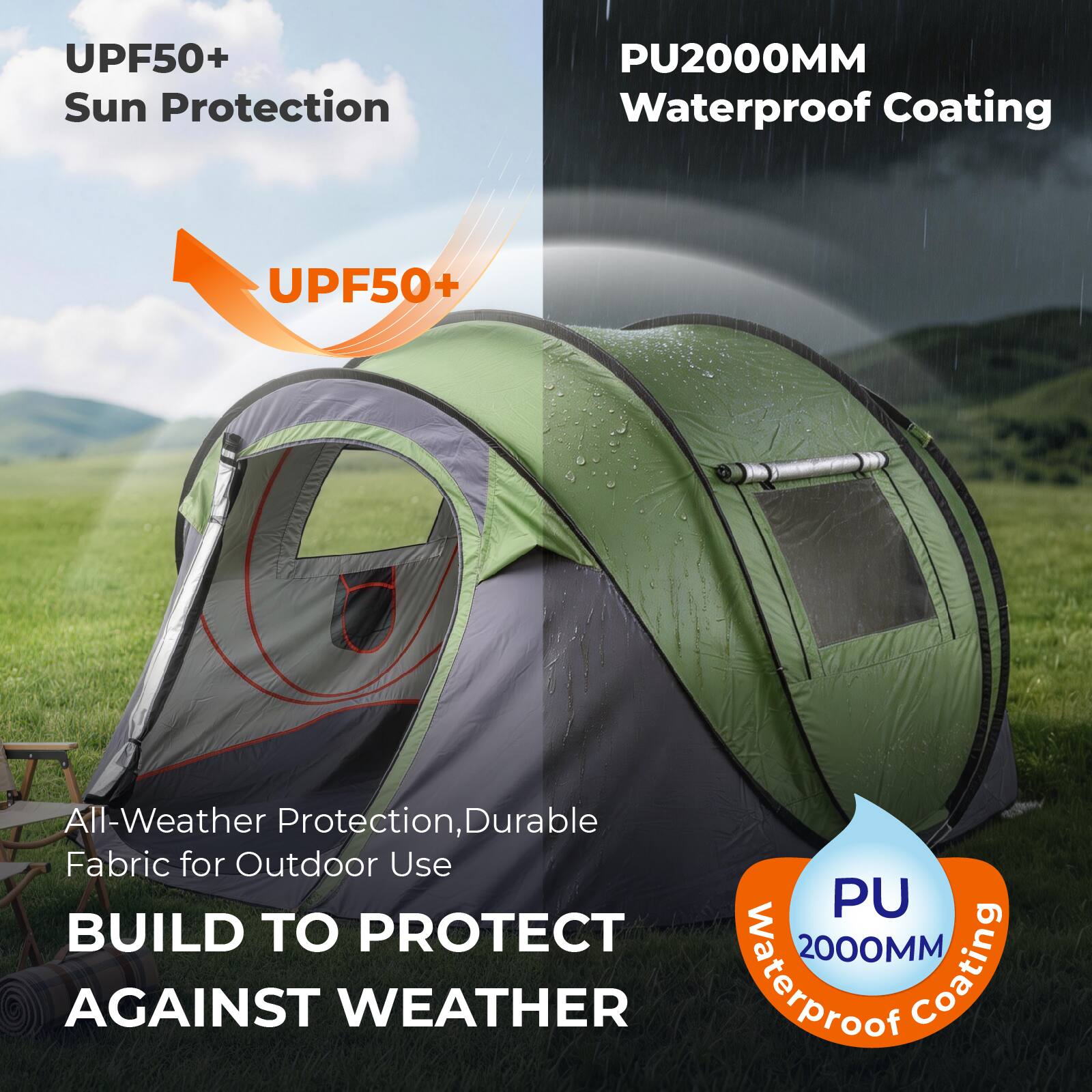 UPF50+ Sun Protection  
PU2000MM Waterproof Coating  
UPF50+  
All-Weather Protection, Durable Fabric for Outdoor Use  
BUILD TO PROTECT AGAINST WEATHER