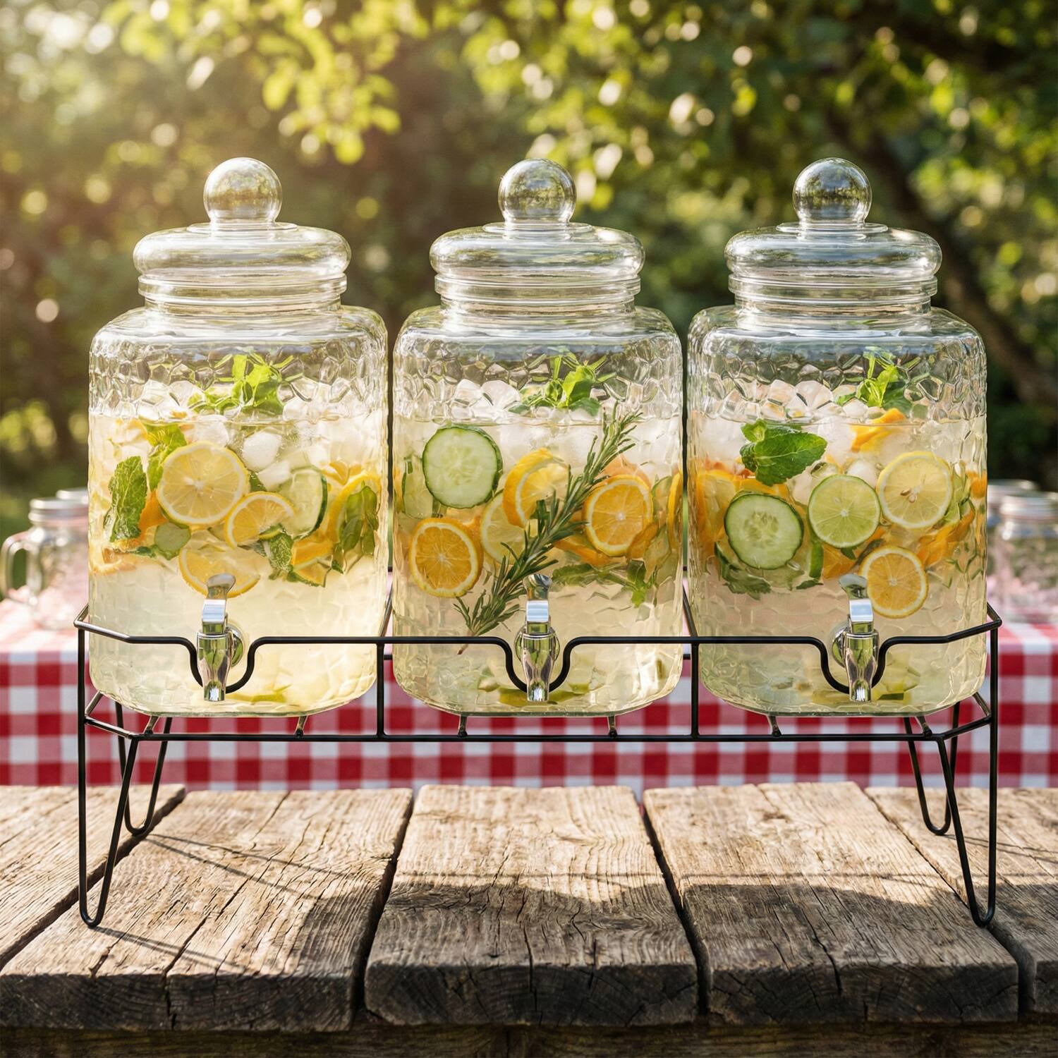 Left. Style Setter - Hamburg Triple Dispenser Set With Stand 1.5 Gal Each - Clear.