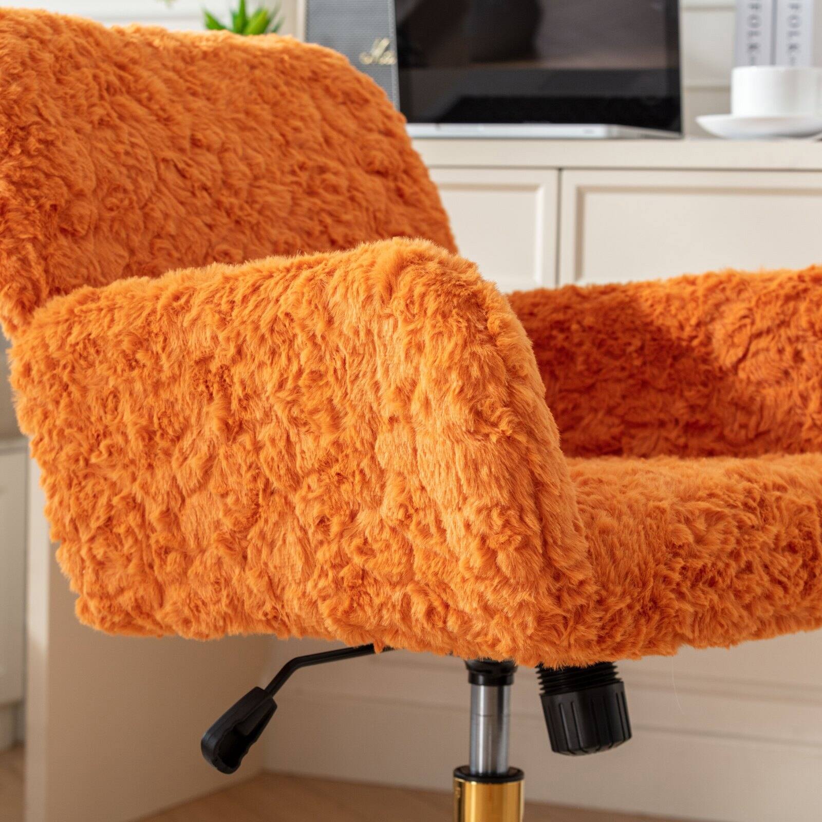 Alt View 2. Spaco - Spaco Executive Office Chair, Artificial Rabbit Hair, Golden Metal Base, Adjustable Swivel, for Home Office, Vanity - Orange.
