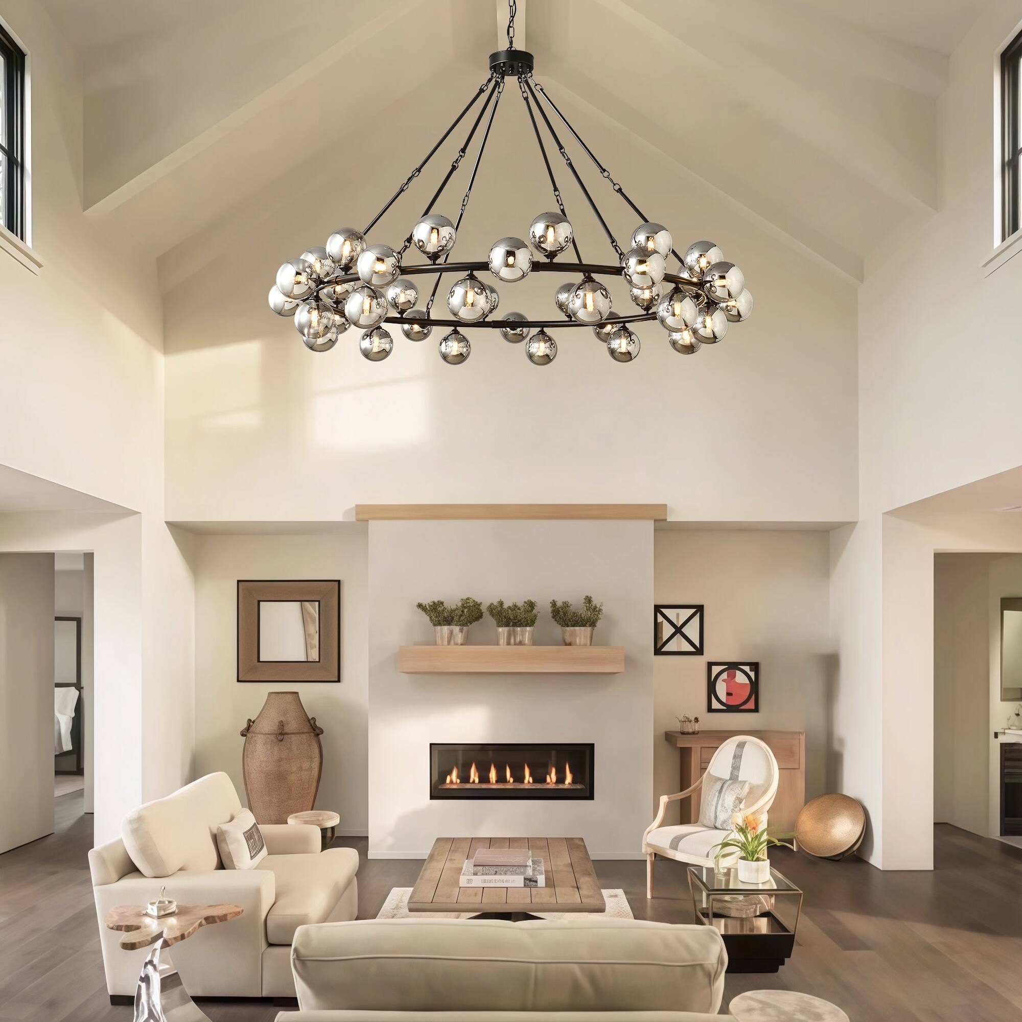 Angle. RYHNUYNE - 59 Inch Dining Room Large Chandeliers for High Ceilings Modern Black 36-Light Light Fixture with Smoky Grey Glass Shades.