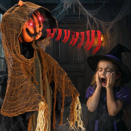 Alt View 10. Winado - Halloween 5.8FT Scary Pumpkin Man with Hat, Light-Up Eyes Animatronic Prop Decoration for Indoor Outdoor Holiday Garden - Orange & Black.